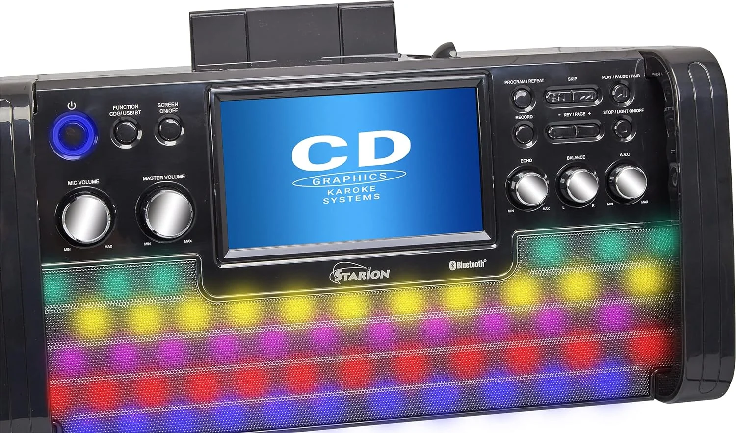 دستگاه کارائوکه بلوتوثی قابل حمل Starion KS780-B با صفحه نمایش 7 اینچی TFT، بلندگوهای استریو، نگهدارنده تبلت جداشدنی، USB برای ضبط و پخش MP3، میکروفون و جلوه های نوری دستگاه کارائوکه بلوتوثی قابل حمل Starion KS780-B با صفحه نمایش 7 اینچی TFT، بلندگوهای استریو، نگهدارنده تبلت جداشدنی، USB برای ضبط و پخش MP3، میکروفون و جلوه های نوری