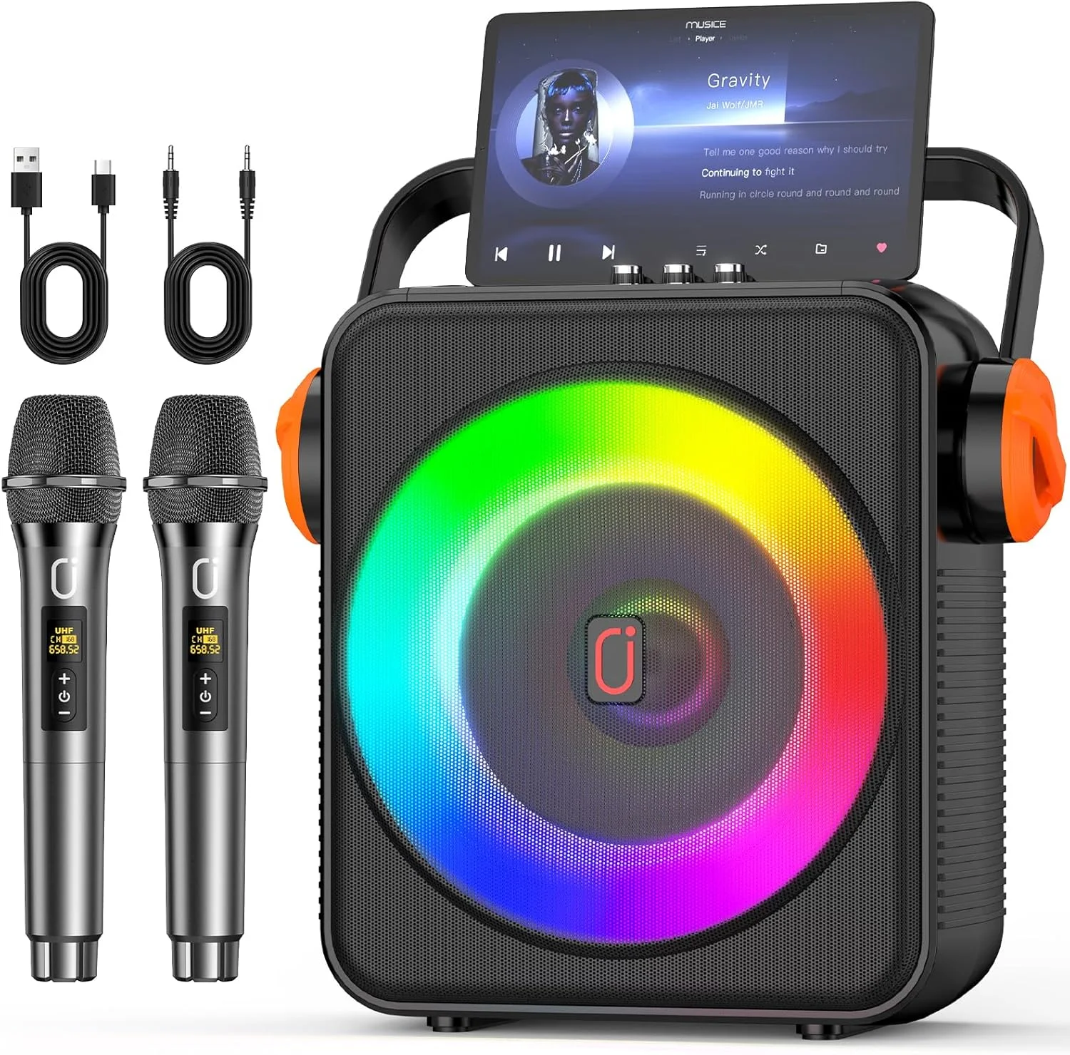 دستگاه کارائوکه با ساب ووفر 6.5 اینچی و حالت Instrumental، اسپیکر کارائوکه بلوتوث 5.3 قابل حمل با 2 میکروفون بی سیم برای بزرگسالان، سیستم PA با تنظیم اکو، پشتیبانی از TWS/TF Card/USB/AUX/Live