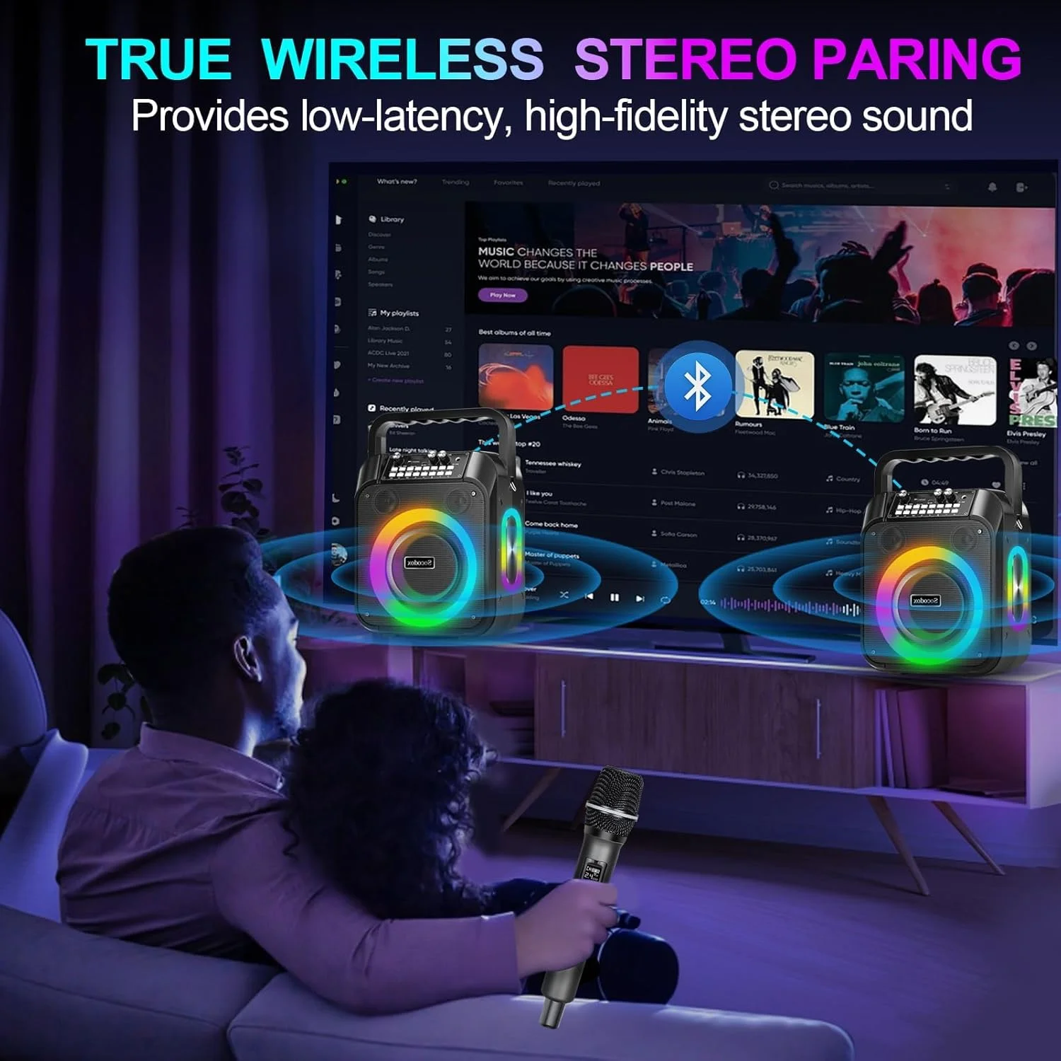 دستگاه کارائوکه، اسپیکر بلوتوثی قابل حمل 20 واتی با 2 میکروفون بی سیم، باتری 7000 میلی آمپر ساعتی، استریو TWS، چراغ های RGB، پشتیبانی از USB/TF/AUX، مناسب برای کودکان، مهمانی های خانگی و رویدادهای فضای باز دستگاه کارائوکه، اسپیکر بلوتوثی قابل حمل 20 واتی با 2 میکروفون بی سیم، باتری 7000 میلی آمپر ساعتی، استریو TWS، چراغ های RGB، پشتیبانی از USB/TF/AUX، مناسب برای کودکان، مهمانی های خانگی و رویدادهای فضای باز