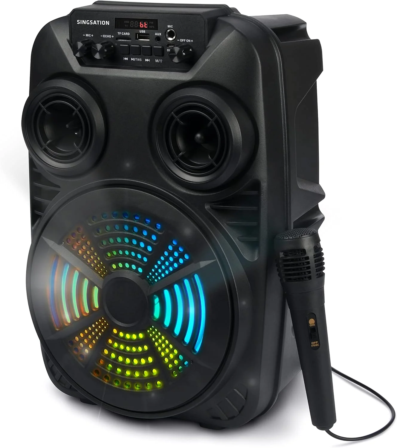دستگاه کارائوکه سینگسیشن، بلندگوی 8 اینچی با صدای بلند، بلندگوی بلوتوثی قابل حمل 5.0 با میکروفون، ریموت کنترل، نمایش نور، تقویت باس، USB و Micro SD، AUX و FM برای مهمانی