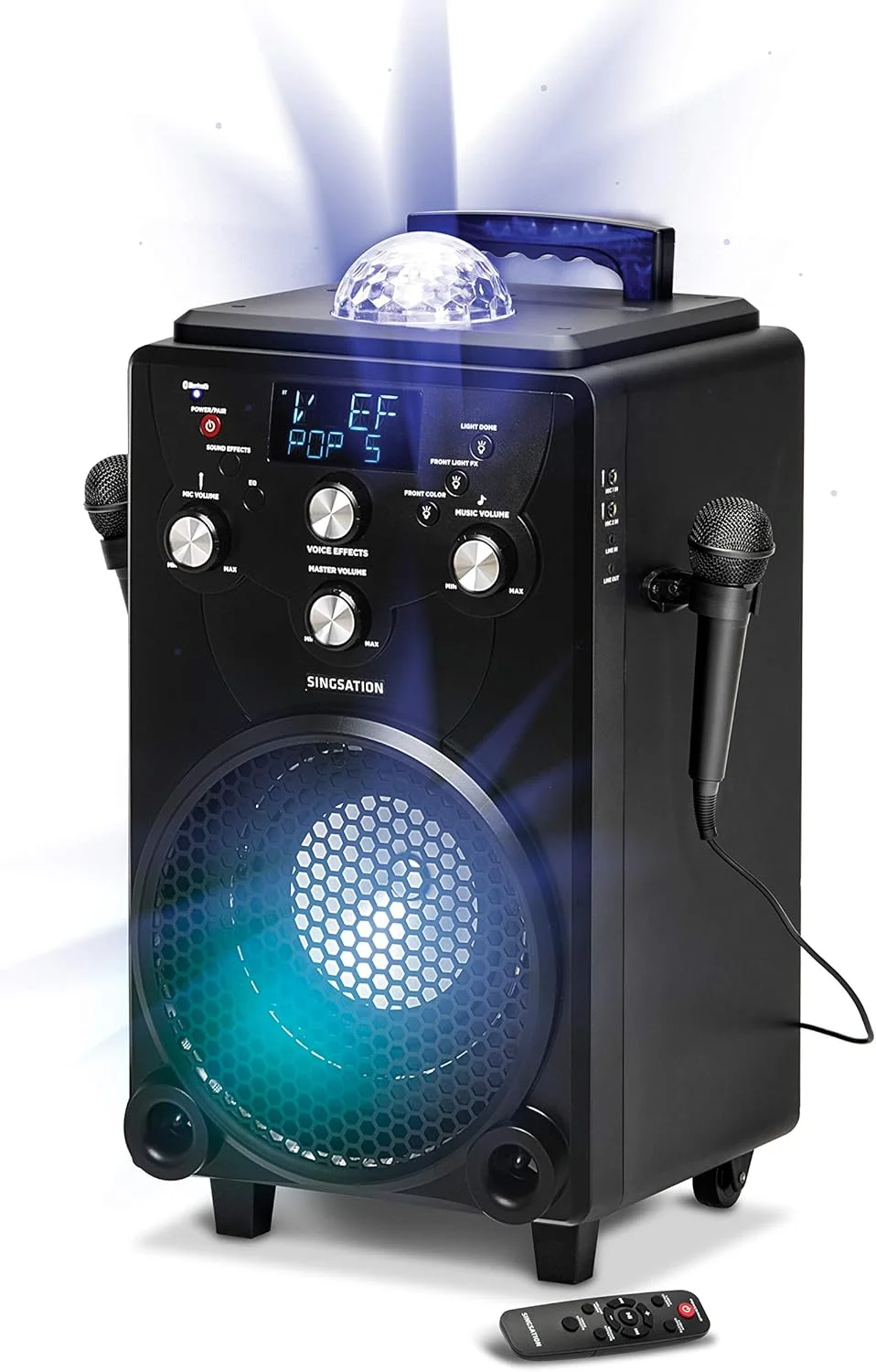 دستگاه کارائوکه حرفه ای Singsation برای بزرگسالان و کودکان - سیستم کارائوکه قابل حمل XL - دارای 60 افکت صوتی و 10 افکت صدا، 2 میکروفون کارائوکه، 25 نمایش نورپردازی و سازگار با بلوتوث