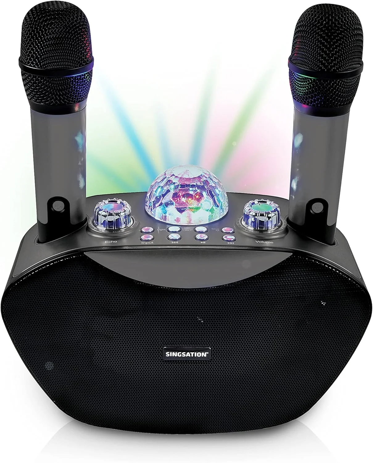 دستگاه کارائوکه سینگ‌سیشن، سیستم خانگی قابل حمل بلوتوث 5.0 برای کودکان و بزرگسالان، 2 میکروفون بی‌سیم، جلوه‌های صوتی جذاب و نمایش نور دیسکو، جلوه‌های نوری، جلوه‌های صوتی، جلوه اکو، USB و Micro SD