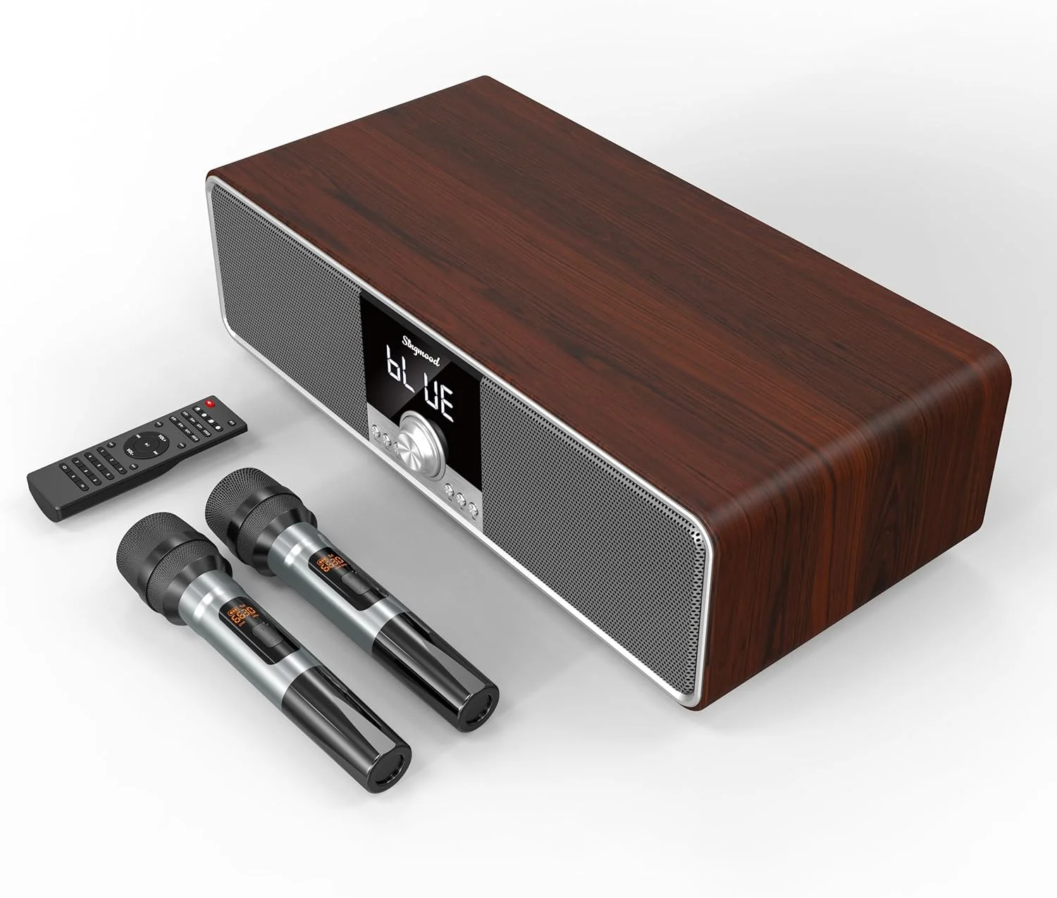 دستگاه کارائوکه با 2 میکروفون UHF، ساب ووفر، سیستم صوتی سینمای خانگی، ساندبار با پشتیبانی از Optical/Bluetooth/AUX/USB/PC، دستگاه آواز چوبی کارائوکه برای تلویزیون، خانه، کارائوکه، مهمانی آواز، کریسمس (S73)