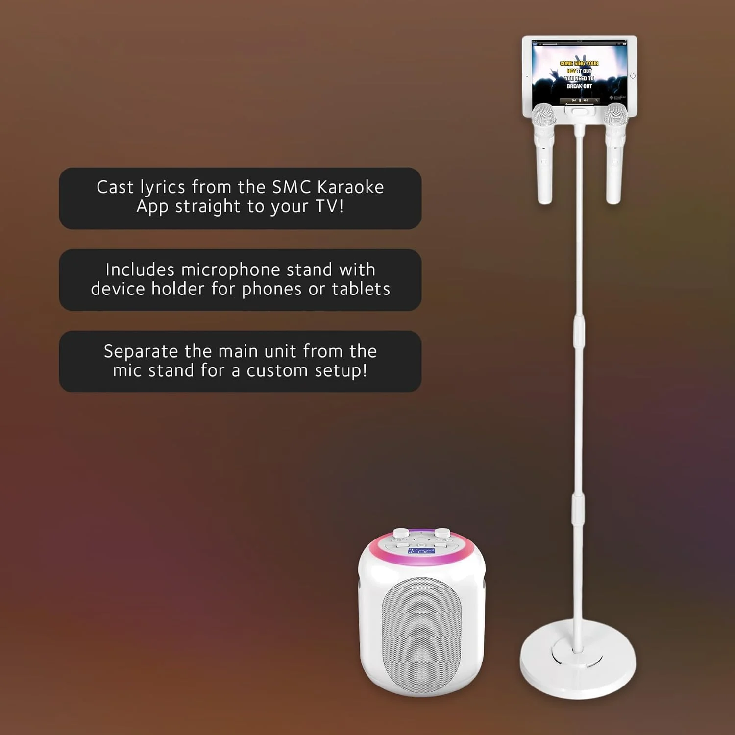 سیستم کارائوکه نهایی Singing Machine SMC2040S، سیستم 50 واتی، فناوری پخش ویدیو Sing Cast و فناوری Pitch Lab با باتری قابل شارژ و دو میکروفون بی سیم، سفید سیستم کارائوکه نهایی Singing Machine SMC2040S، سیستم 50 واتی، فناوری پخش ویدیو Sing Cast و فناوری Pitch Lab با باتری قابل شارژ و دو میکروفون بی سیم، سفید