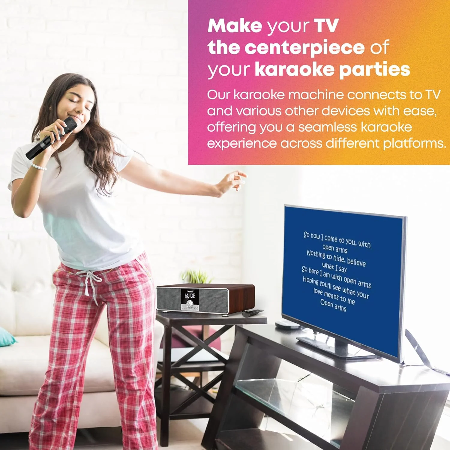 دستگاه کارائوکه با 2 میکروفون UHF، ساب ووفر، سیستم صوتی سینمای خانگی، ساندبار با پشتیبانی از Optical/Bluetooth/AUX/USB/PC، دستگاه آواز چوبی کارائوکه برای تلویزیون، خانه، کارائوکه، مهمانی آواز، کریسمس (S73) دستگاه کارائوکه با 2 میکروفون UHF، ساب ووفر، سیستم صوتی سینمای خانگی، ساندبار با پشتیبانی از Optical/Bluetooth/AUX/USB/PC، دستگاه آواز چوبی کارائوکه برای تلویزیون، خانه، کارائوکه، مهمانی آواز، کریسمس (S73)