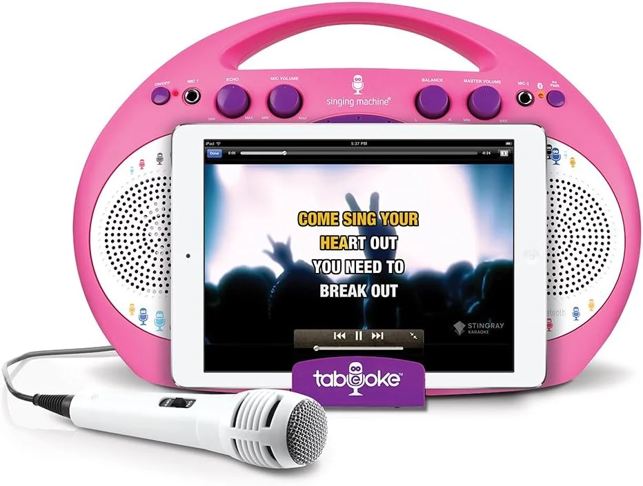 دستگاه کارائوکه تبلتی بلوتوثی مدل iSM398PP Singing Machine با میکروفون، صورتی/بنفش