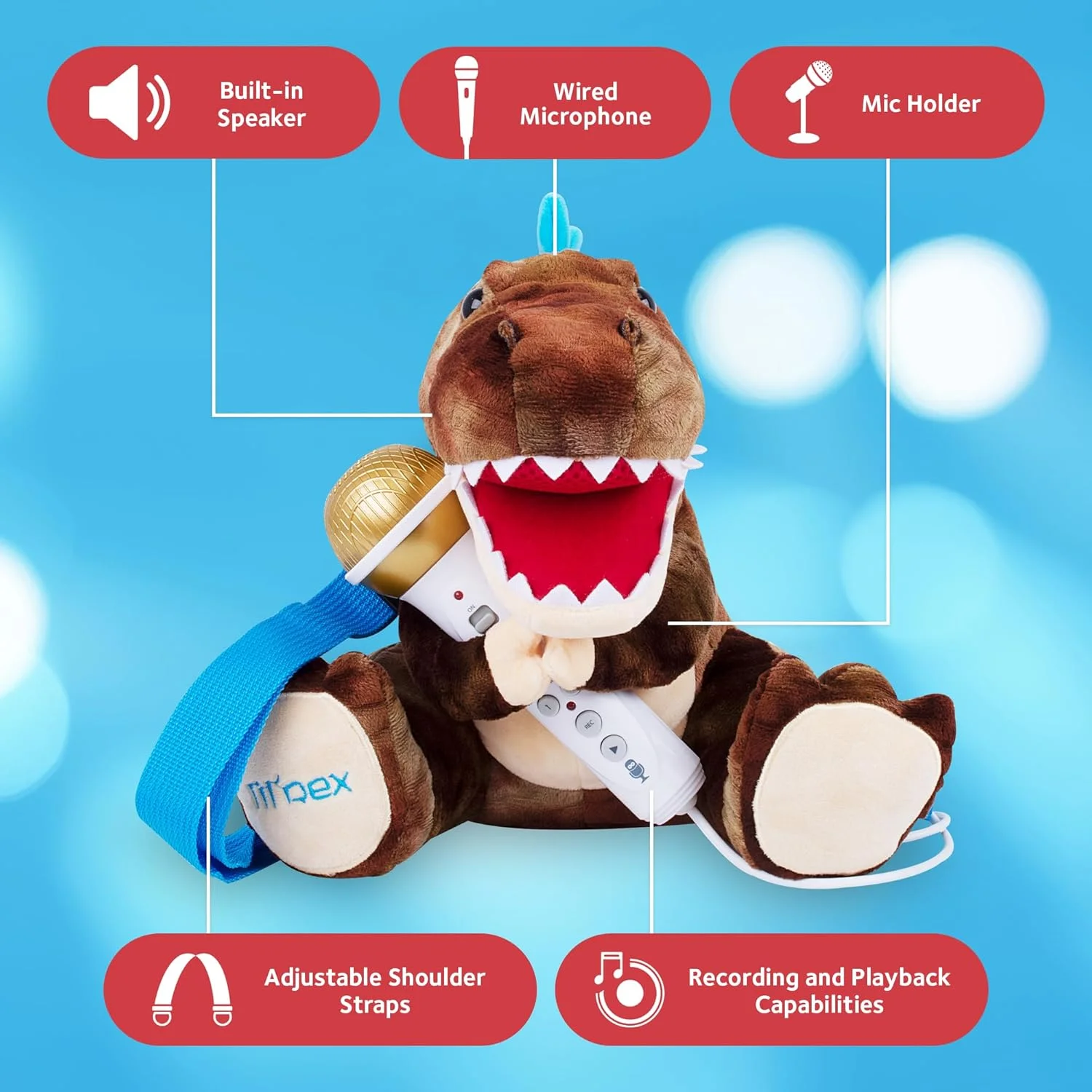 اسپیکر و میکروفون کوله پشتی آواز خوان کودک مدل Lil Rex، دارای آهنگ، جلوه های صوتی و ضبط صدا، رنگ قهوه ای و بژ (SMK010)