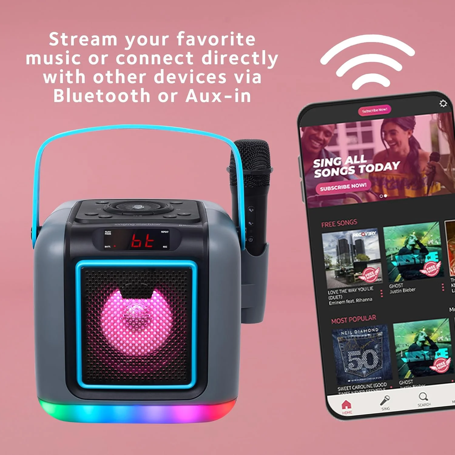 دستگاه کارائوکه ماشین آواز برای بزرگسالان و کودکان با میکروفون بی‌سیم، مینی کیوب - اسپیکر کارائوکه قابل شارژ با نورهای چند رنگ، بلوتوث، 22 افکت صوتی و حذف صدای خواننده اصلی