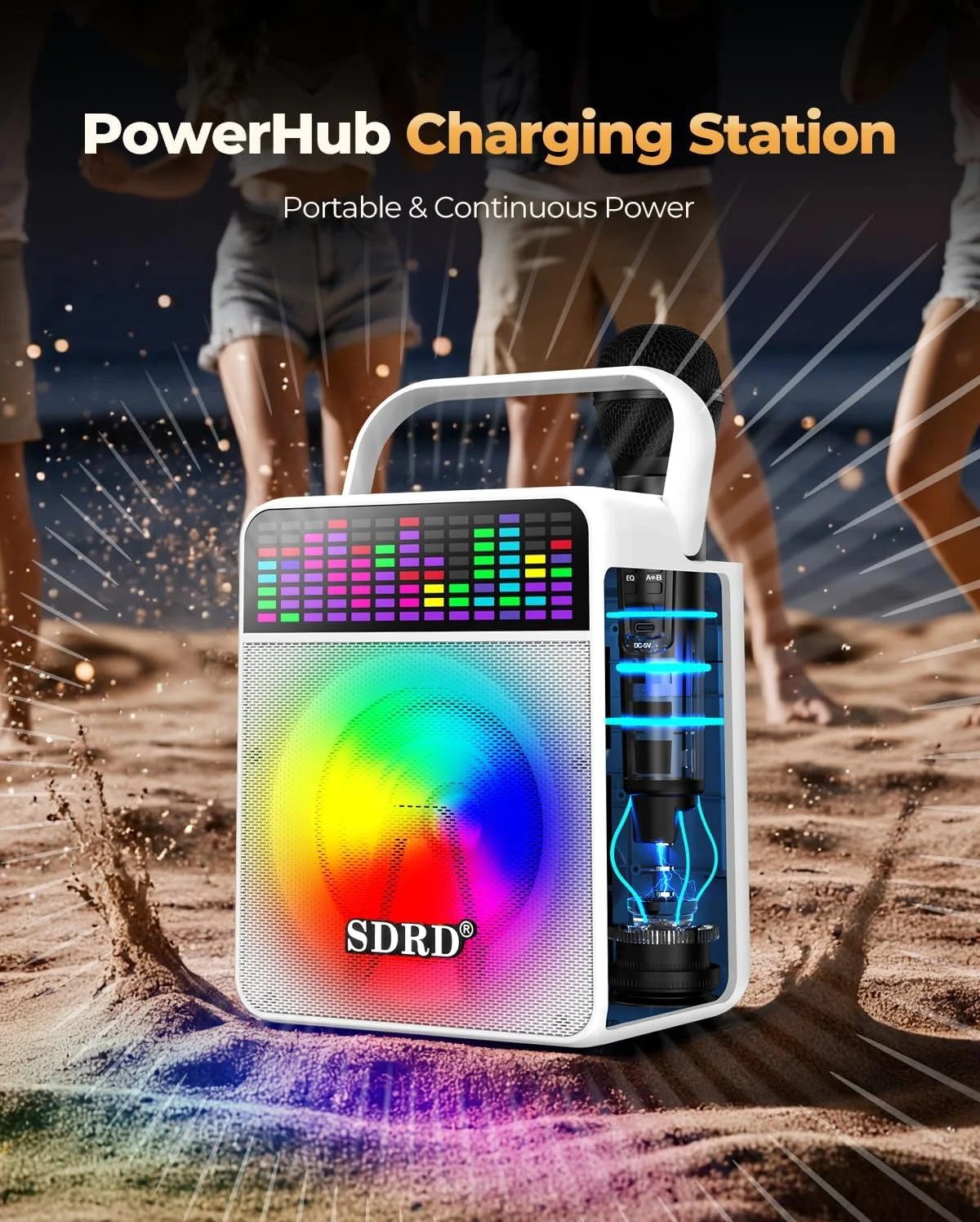 بلندگوی کارائوکه با 2 میکروفون، SD-512 بلوتوث قابل شارژ، دستگاه کارائوکه برای بزرگسالان و کودکان، چراغ های LED جذاب، مناسب هدیه برای بزرگسالان و کودکان، فضای باز، مهمانی خانگی، پشتیبانی از BT USB, AUX - سفید