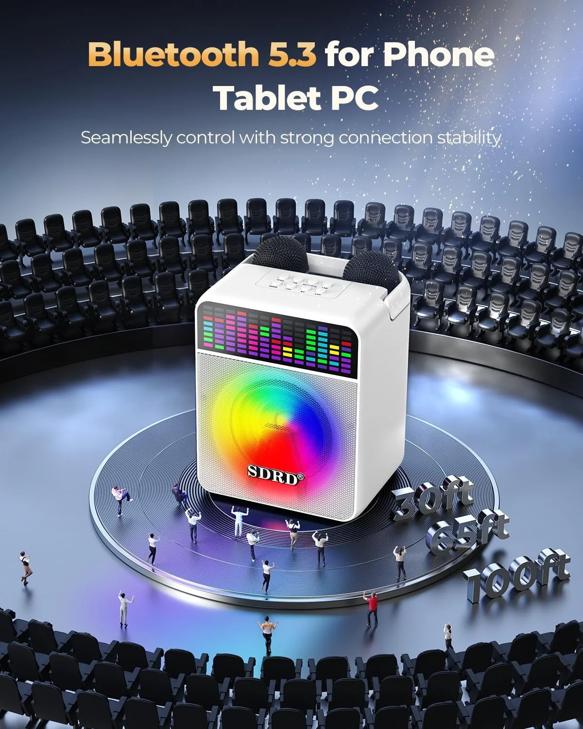 بلندگوی کارائوکه با 2 میکروفون، SD-512 بلوتوث قابل شارژ، دستگاه کارائوکه برای بزرگسالان و کودکان، چراغ های LED جذاب، مناسب هدیه برای بزرگسالان و کودکان، فضای باز، مهمانی خانگی، پشتیبانی از BT USB, AUX - سفید