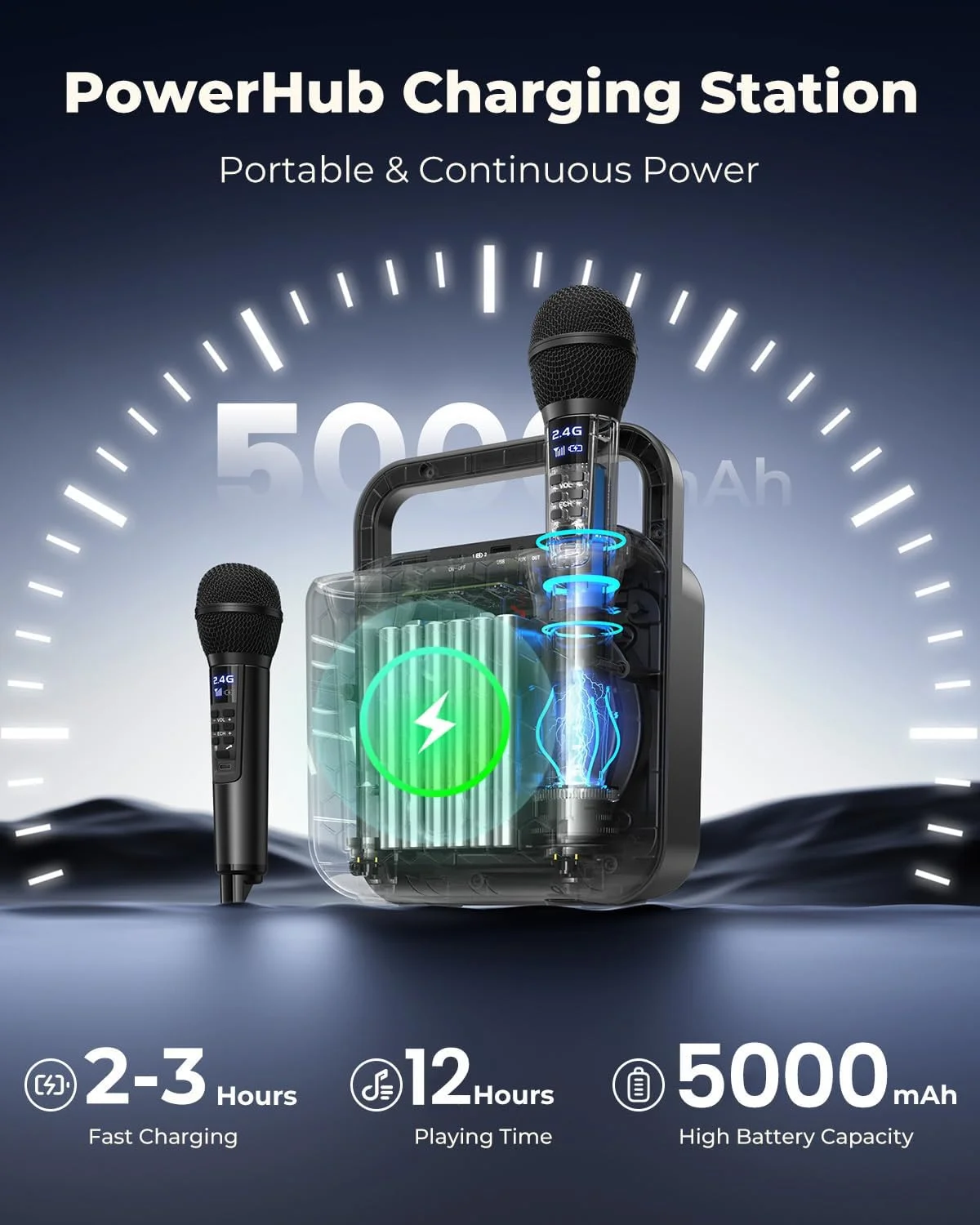 بلندگوی کارائوکه با 2 میکروفون بی سیم، SD-516 دستگاه کارائوکه قابل حمل بلوتوثی قابل شارژ برای بزرگسالان و کودکان، چراغ های LED، پشتیبانی از BT/USB/AUX برای خانواده در فضای باز، مهمانی خانگی - مشکی