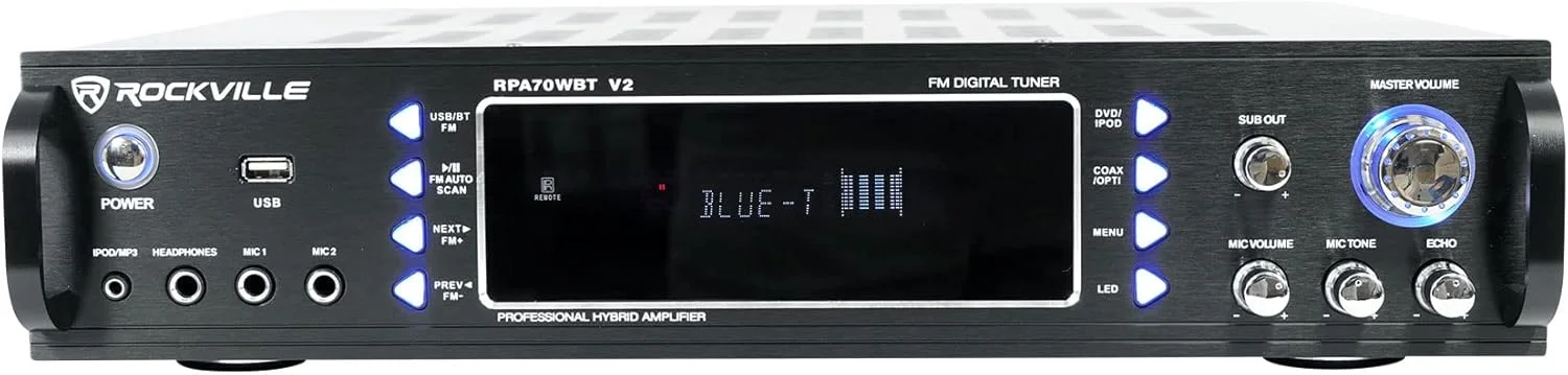 راکویل RPA70WBT V2 آمپلی فایر/میکسر کارائوکه 2 کاناله 1000 واتی با USB و بلوتوث، ورودی میکروفون دوگانه، کنترل اکو، شامل (2) میکروفون بی سیم، ایده آل برای کارائوکه خانگی و مهمانی ها