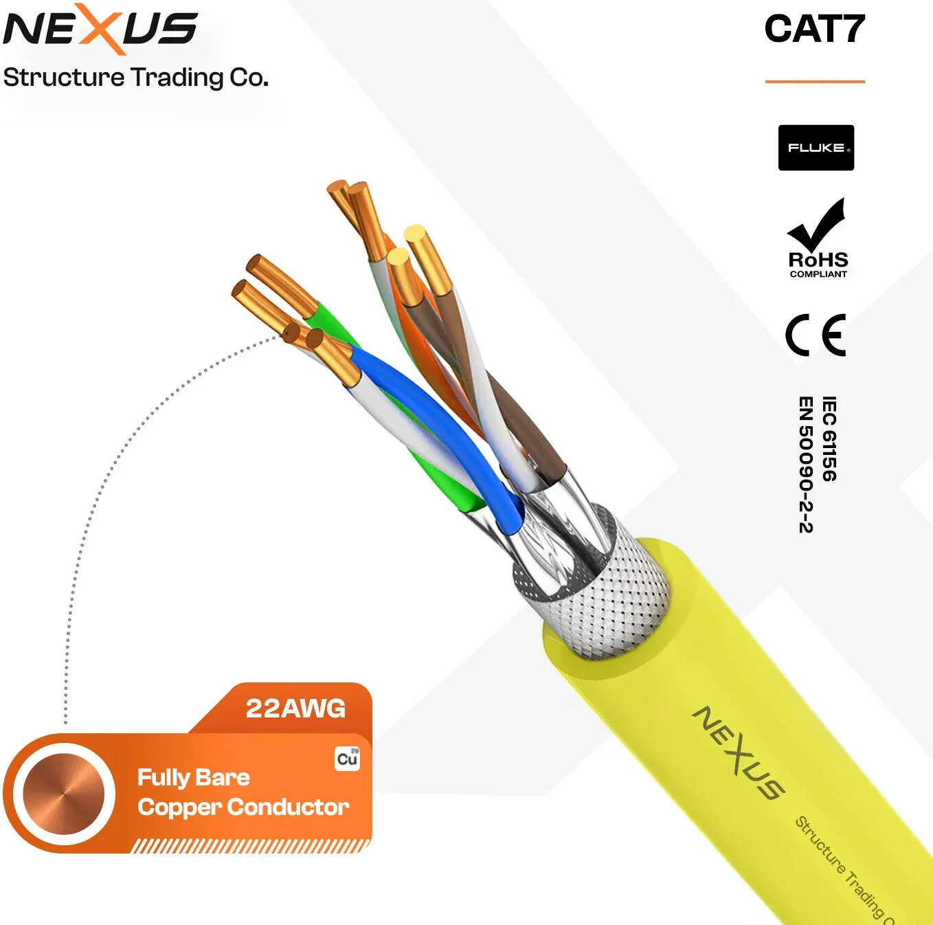 کابل اترنت نکسوس CAT7 SFTP، رول 305 متری S/FTP، 22AWG، تمام مس، LSZH RJ45 LAN، قرقره جمع شونده، سرعت بالا 10 تا 20 گیگابیت بر ثانیه 500 تا 700 مگاهرتز، زرد | B0FJG8XBZJ