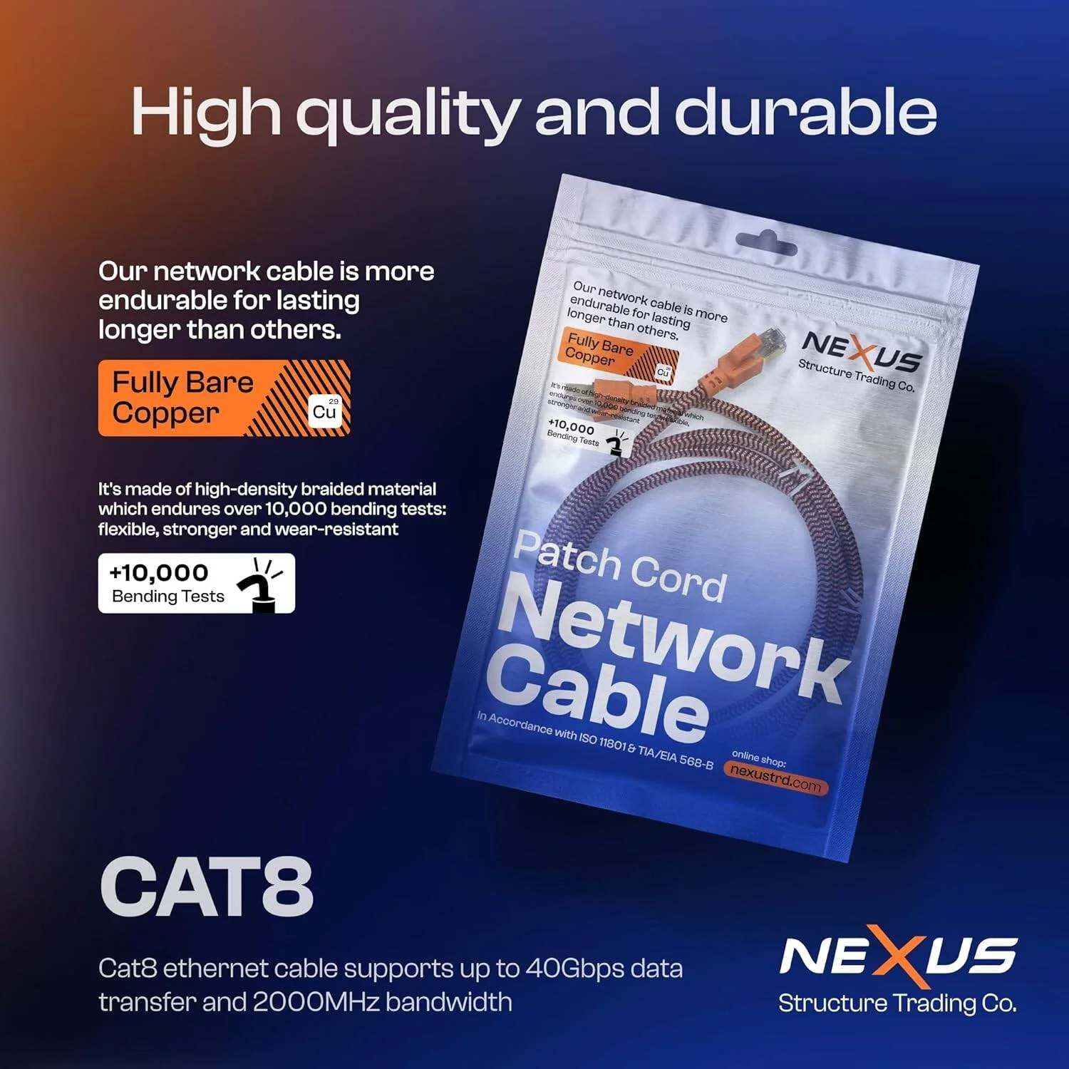 کابل شبکه نکسوس CAT8 با طول 0.5 متر، تمام مس، کابل اترنت پرسرعت 40 گیگابیت بر ثانیه 2000 مگاهرتز RJ45 بافته شده و محافظت شده، سازگار با سوئیچ های اترنت، PS5، کامپیوتر، روتر، تلویزیون، ایکس باکس، 0.5 متر