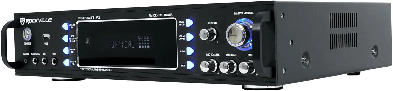 راکویل RPA70WBT V2 آمپلی فایر/میکسر کارائوکه 2 کاناله 1000 واتی با USB و بلوتوث، ورودی میکروفون دوگانه، کنترل اکو، شامل (2) میکروفون بی سیم، ایده آل برای کارائوکه خانگی و مهمانی ها