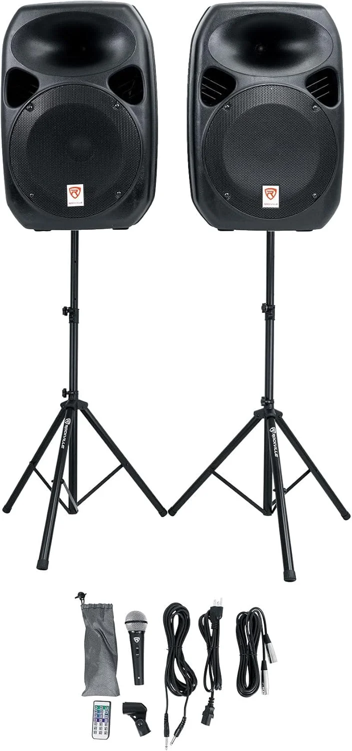 سیستم صوتی قابل حمل ۱۲ اینچی ۶۰۰ واتی Rockville RPG122K، میکسر ۳ کاناله بلوتوث، شامل میکروفون، پایه‌ها، کابل‌ها - ایده‌آل برای اجراهای زنده، دی‌جی‌ها، کارائوکه