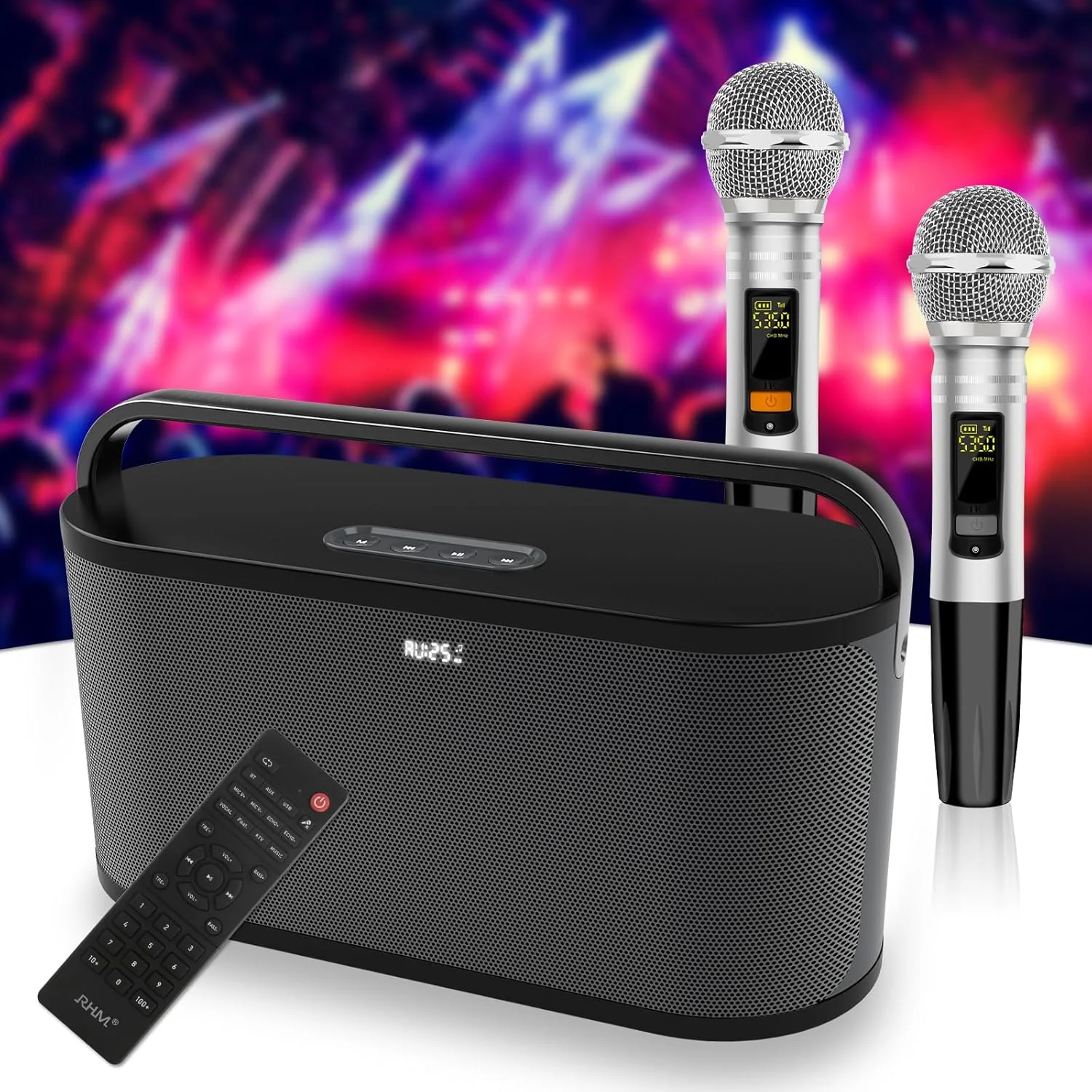 دستگاه کارائوکه RHM K888 با صداهای قدرتمند و واضح، 2 میکروفون بی سیم و تنظیم اکو/زیر و بم/بم، 8 ساعت پخش، پشتیبانی از بلوتوث 5.0/AUX/USB برای تلویزیون/خانه/مهمانی/کمپینگ/فضای باز (مشکی)