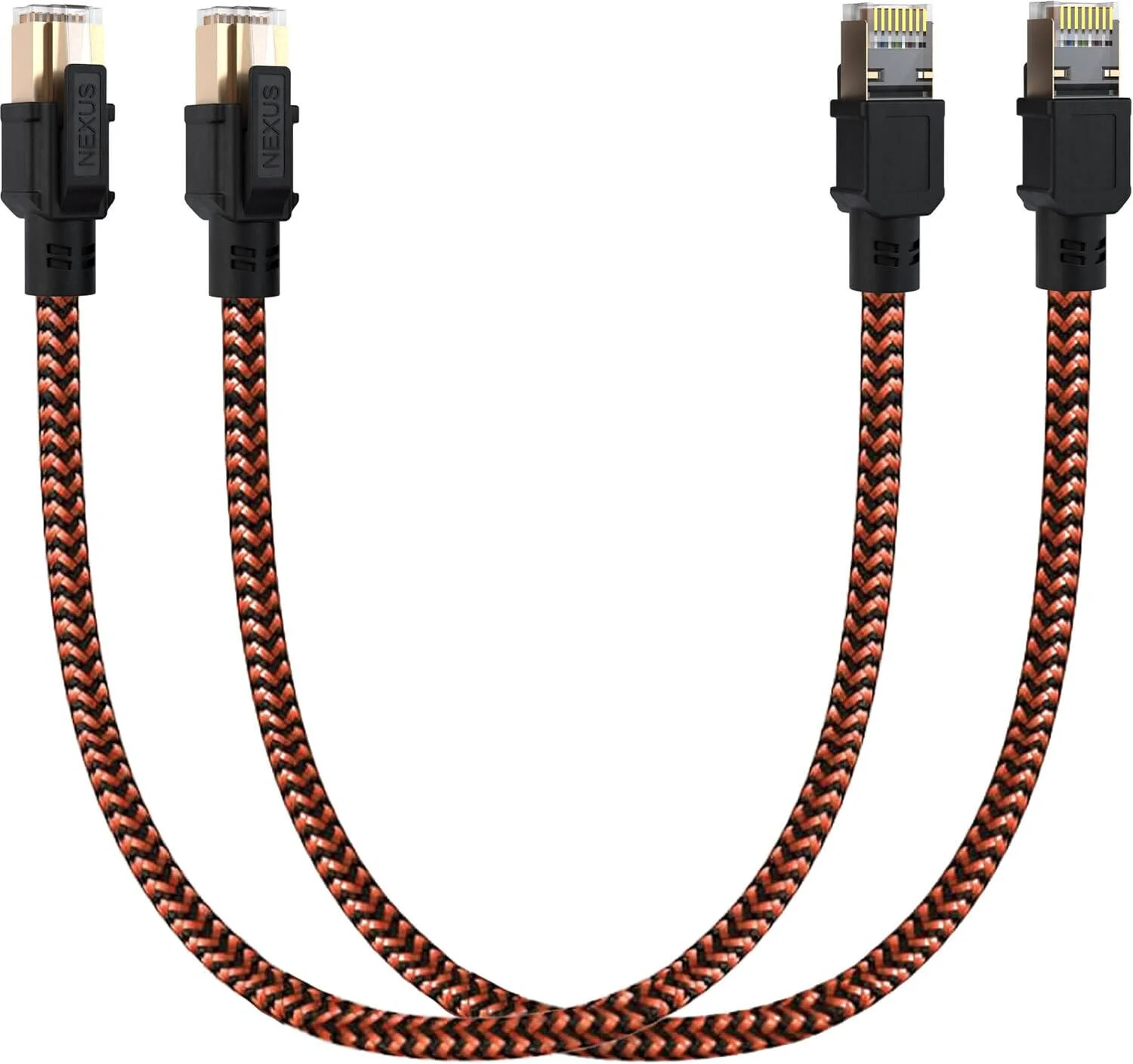 کابل شبکه Nexus CAT8 SFTP، سرعت انتقال 40 گیگابیت بر ثانیه، فرکانس 2000 مگاهرتز، رسانای تمام مس لخت 23AWG، روکش PVC ضد آب و هوا، شیلد بافته شده، 2 عدد کابل 0.5 متری، مشکی/نارنجی | 2x05MCAT8