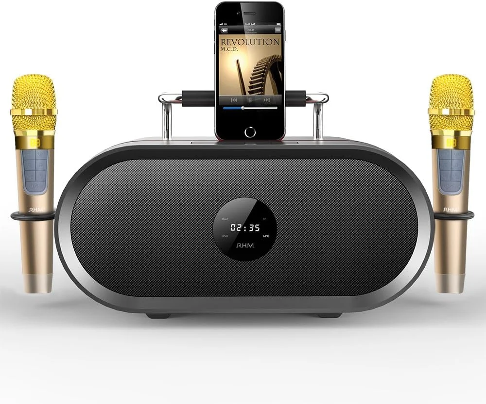 دستگاه کارائوکه RHM برای کودکان و بزرگسالان، 2 میکروفون بی سیم، بلندگوی باتری قابل شارژ، سیستم بلندگوی PA قابل حمل با بلوتوث/AUX/USB/SD برای خانه، مهمانی، عروسی، پیک نیک، فعالیت های فضای باز و داخلی