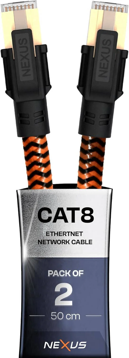 کابل شبکه Nexus CAT8 SFTP، سرعت انتقال 40 گیگابیت بر ثانیه، فرکانس 2000 مگاهرتز، رسانای تمام مس لخت 23AWG، روکش PVC ضد آب و هوا، شیلد بافته شده، 2 عدد کابل 0.5 متری، مشکی/نارنجی | 2x05MCAT8