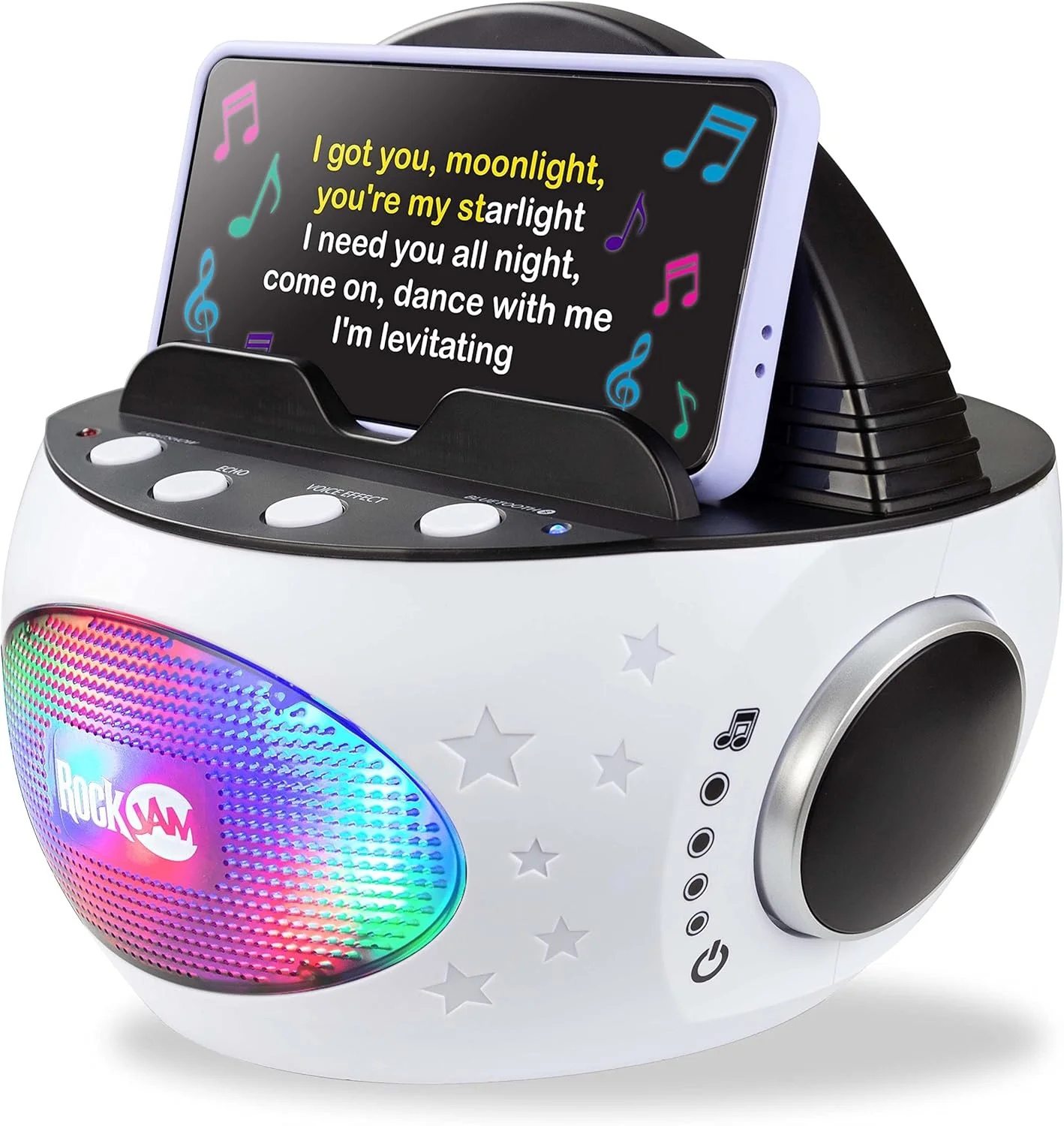 دستگاه کارائوکه بلوتوثی بی سیم 10 واتی قابل شارژ RockJam K-Pop با نور دیسکو ال ای دی و میکروفون کارائوکه بی سیم