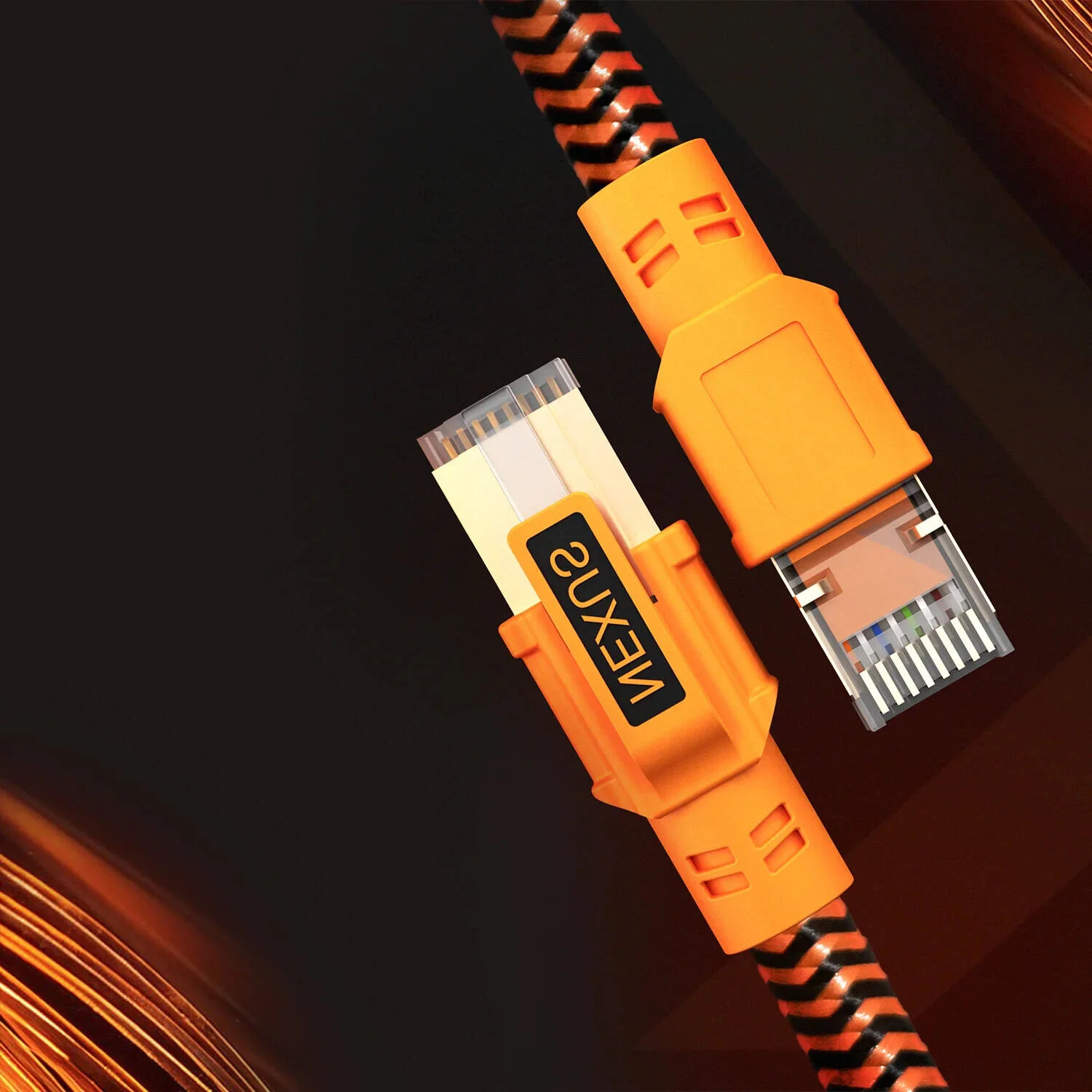 کابل شبکه Nexus CAT8 SFTP، سرعت انتقال 40 گیگابیت بر ثانیه، فرکانس 2000 مگاهرتز، رسانای تمام مس لخت 23AWG، روکش PVC ضد آب و هوا، شیلد بافته شده، 2 عدد کابل 0.5 متری، مشکی/نارنجی | 2x05MCAT8