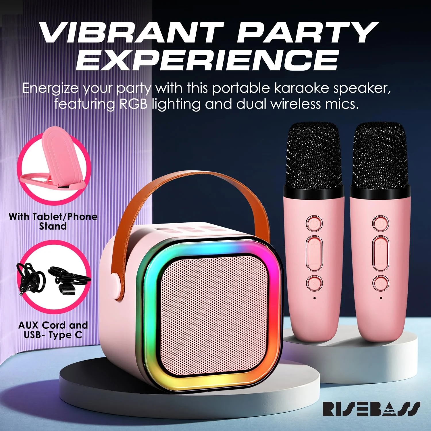 دستگاه کارائوکه کوچک قابل حمل RISEBASS برای کودکان و بزرگسالان، اسپیکر کارائوکه بلوتوثی قابل حمل با 2 میکروفون بی سیم برای کودکان، نوجوانان و بزرگسالان، هدیه ای ایده آل برای تولد، تعطیلات و مهمانی های خانگی دختران و پسران