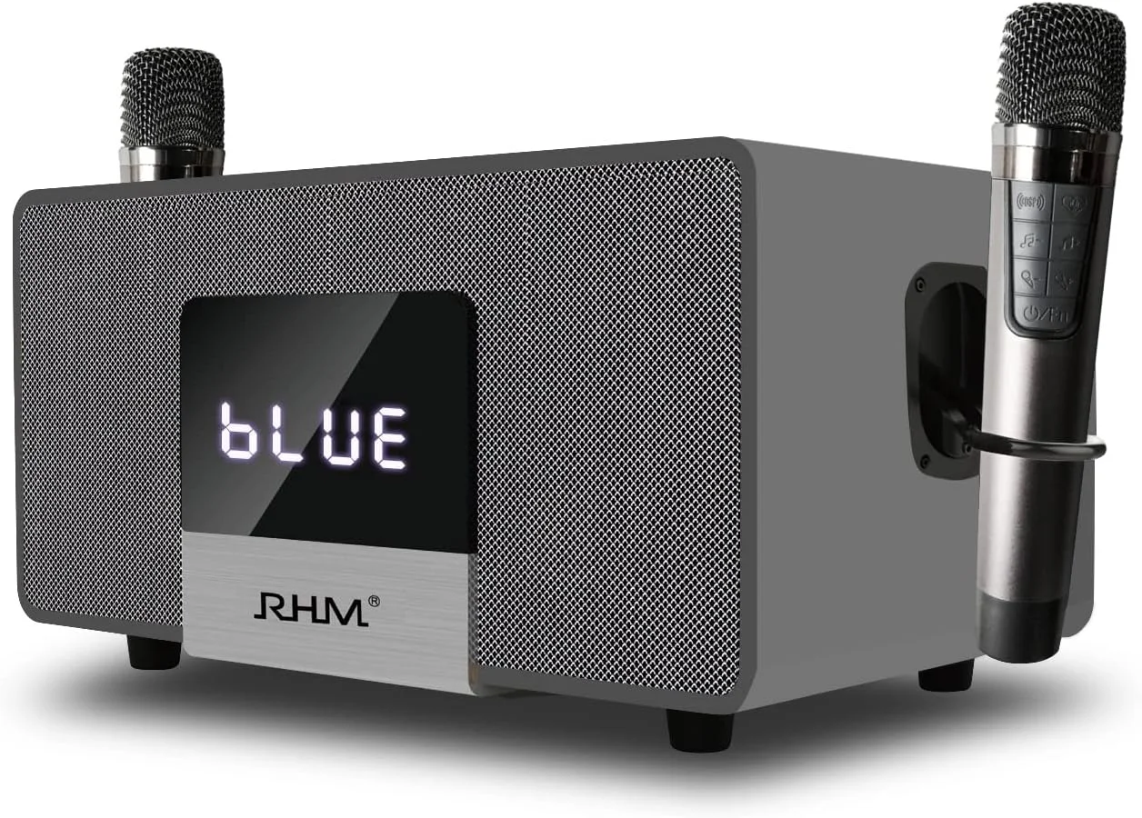 دستگاه کارائوکه RHM K222، با 2 میکروفون بی سیم و 5 حالت صدا، پشتیبانی از Optical/Bluetooth/AUX/USB/PC، بلندگوی بلوتوثی چوبی برای تلویزیون/خانه/جلسه/کارائوکه/مهمانی، عالی برای دوستداران موسیقی