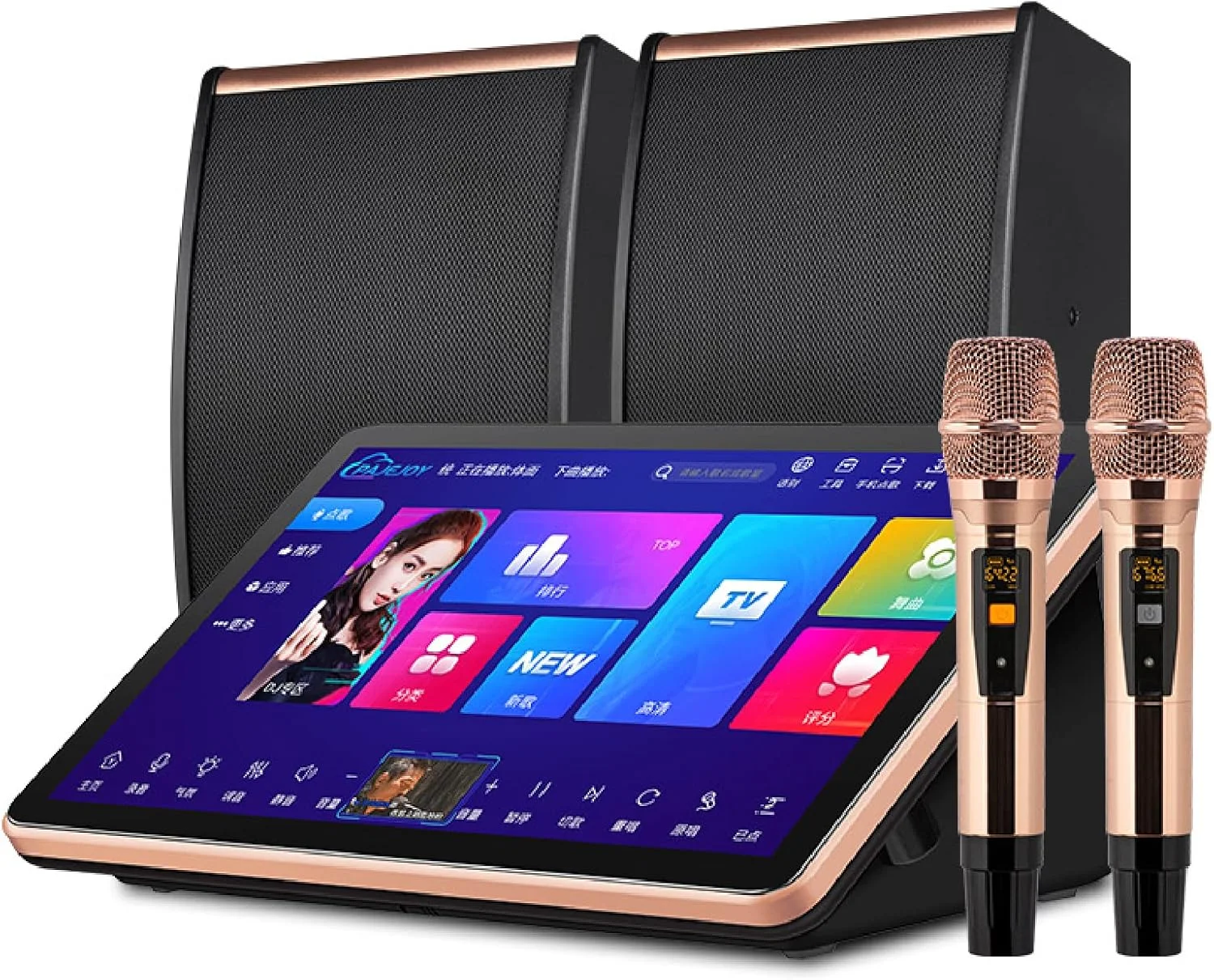 دستگاه کارائوکه حرفه ای REHOOF، صفحه نمایش لمسی 18.5 اینچی، کنترل برنامه تلفن همراه، دانلود همه در یک سیستم کارائوکه با میکروفون و بلندگوی بی سیم - بهترین هدیه برای بزرگسالان و کودکان (رنگ: مشکی)