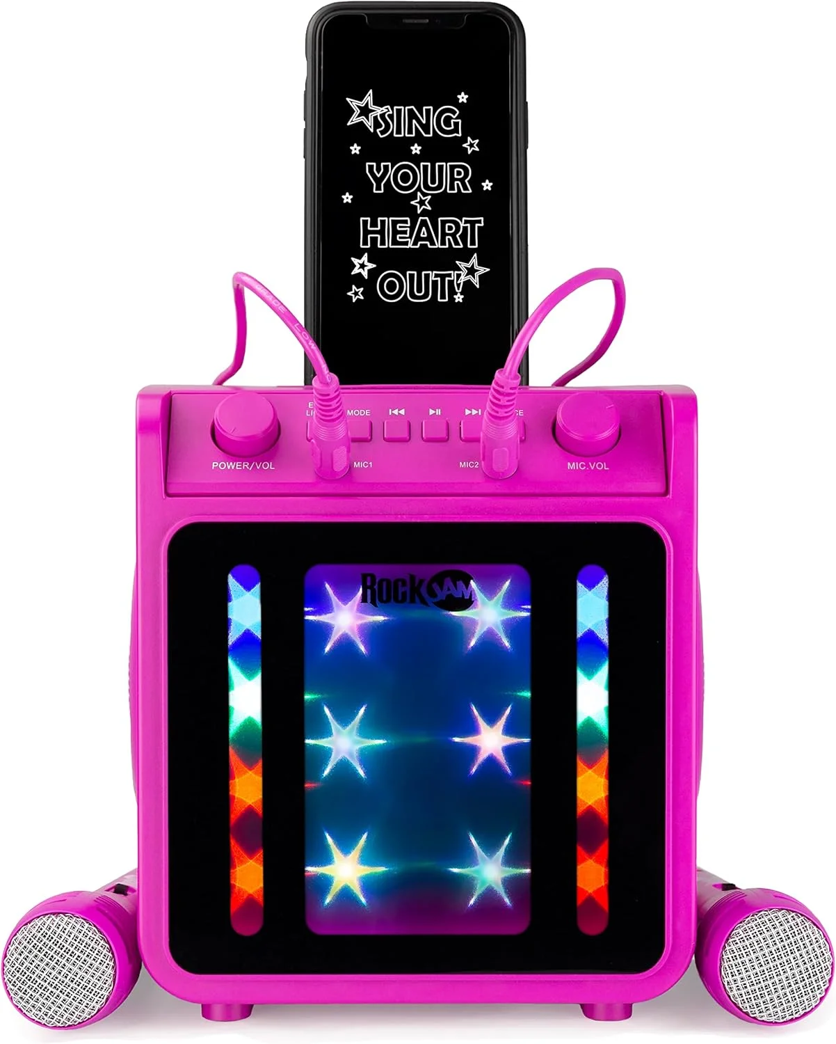 دستگاه کارائوکه بلوتوثی قابل شارژ 10 واتی RockJam با دو میکروفون، نمایش نور و جلوه های صوتی