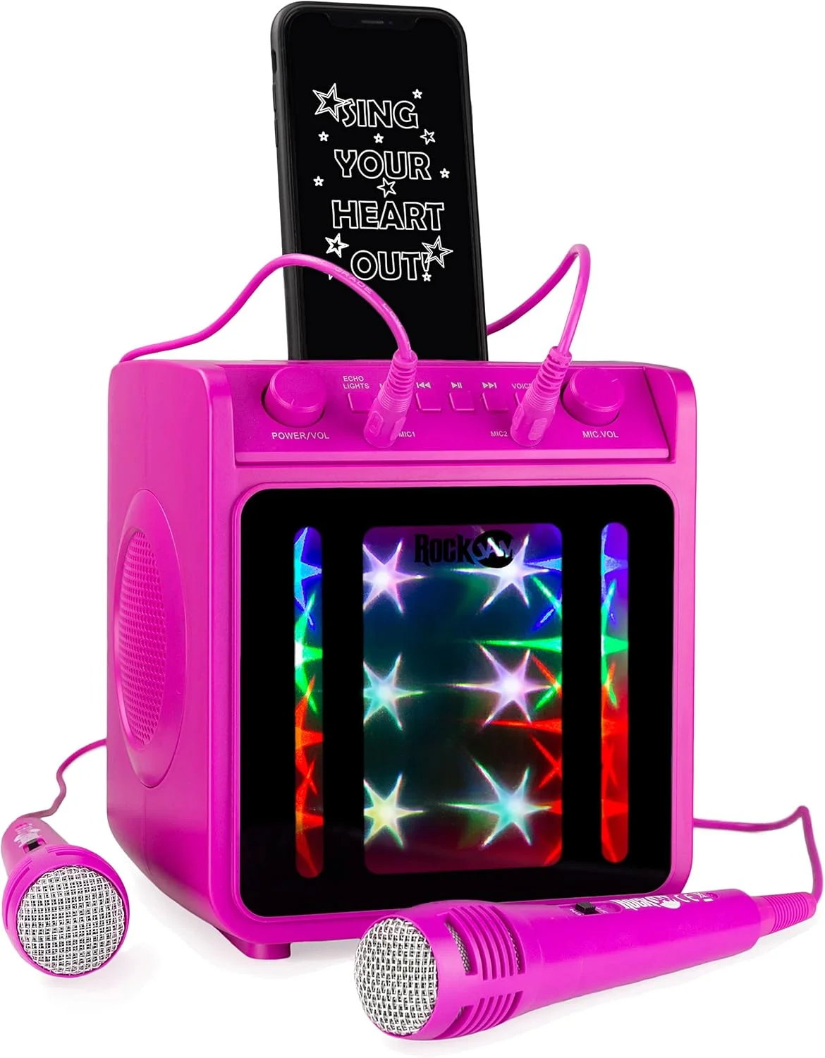 دستگاه کارائوکه بلوتوثی قابل شارژ 10 واتی RockJam با دو میکروفون، نمایش نور و جلوه های صوتی