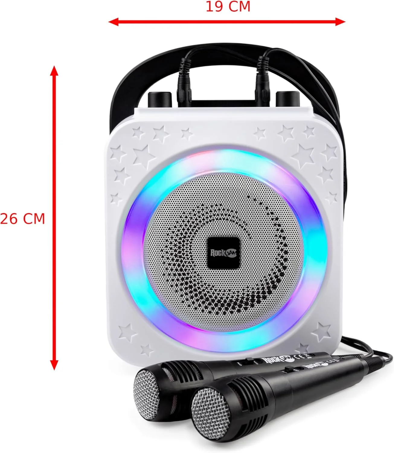 دستگاه کارائوکه بلوتوثی قابل شارژ 10 واتی RockJam با دو میکروفون، نور حلقه ای و افکت های صوتی
