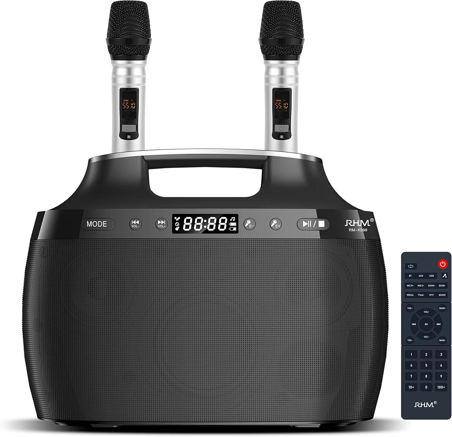 دستگاه کارائوکه RHM K999، پشتیبانی از 3 میکروفون و تنظیمات زیر و بم/صدای باس/اکو، 4 حالت موسیقی، 7 ساعت پخش، پشتیبانی از بلوتوث/AUX/USB برای مهمانی
