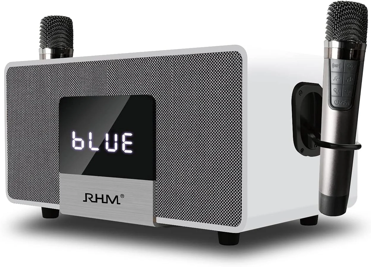 دستگاه کارائوکه RHM K222، اسپیکر بلوتوثی با 2 میکروفون بی سیم UHF، 5 حالت موسیقی، پشتیبانی از اپتیکال، بلوتوث، AUX، USB، PC، اسپیکر چوبی مهمانی برای تلویزیون، مهمانی خانگی، کارائوکه، جلسه