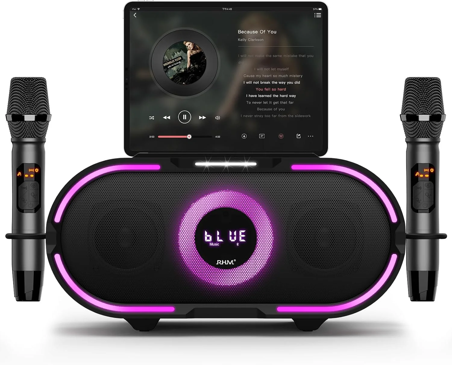 دستگاه کارائوکه RHM K666PLUS با صدای قدرتمند و چراغ های RGB، دارای 2 میکروفون بی سیم، باتری قابل شارژ، 7 ساعت پخش، پشتیبانی از بلوتوث/AUX/USB/PC برای خانه، مهمانی