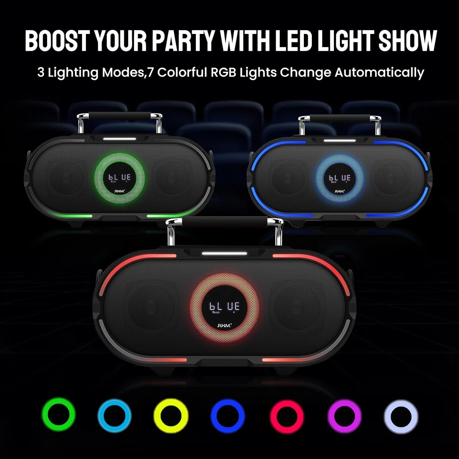 دستگاه کارائوکه RHM K666PLUS با صدای قدرتمند و چراغ های RGB، دارای 2 میکروفون بی سیم، باتری قابل شارژ، 7 ساعت پخش، پشتیبانی از بلوتوث/AUX/USB/PC برای خانه، مهمانی