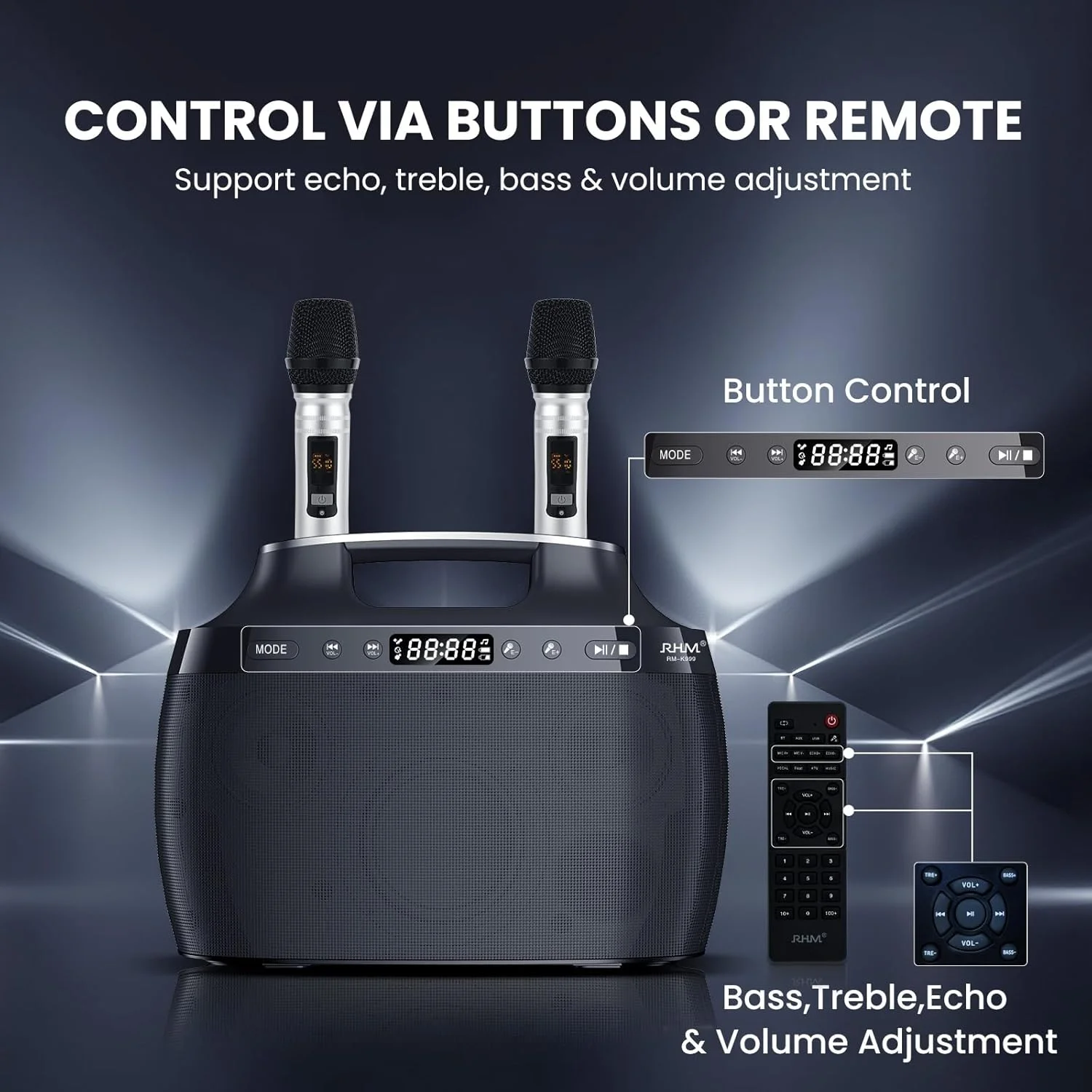 دستگاه کارائوکه RHM K999، پشتیبانی از 3 میکروفون و تنظیمات زیر و بم/صدای باس/اکو، 4 حالت موسیقی، 7 ساعت پخش، پشتیبانی از بلوتوث/AUX/USB برای مهمانی