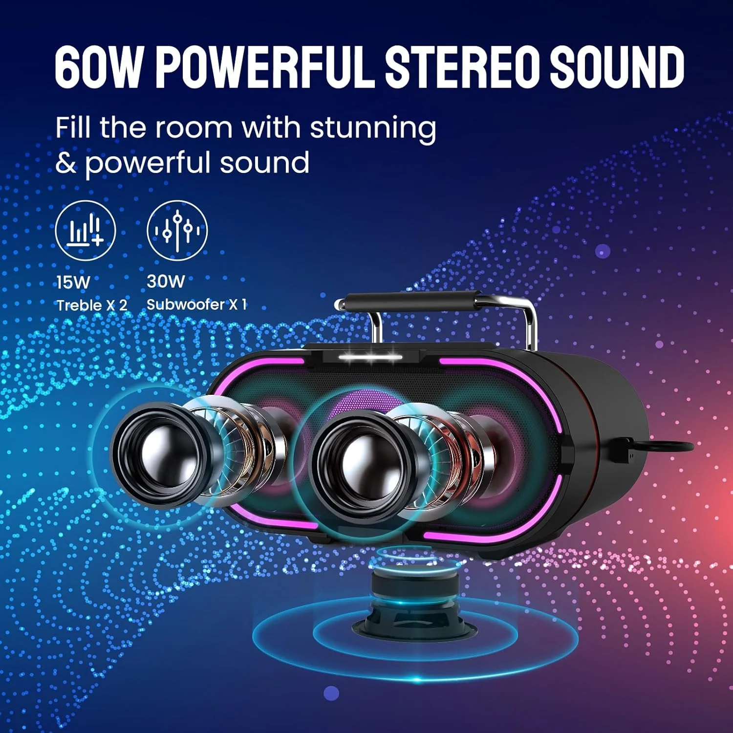 دستگاه کارائوکه RHM K666PLUS با صدای قدرتمند و چراغ های RGB، دارای 2 میکروفون بی سیم، باتری قابل شارژ، 7 ساعت پخش، پشتیبانی از بلوتوث/AUX/USB/PC برای خانه، مهمانی