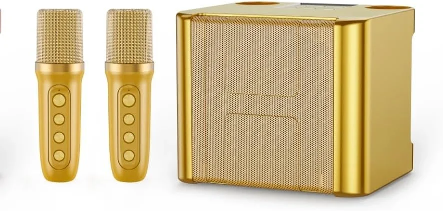 دستگاه کارائوکه REBENUO با 2 میکروفون بی سیم برای بزرگسالان و کودکان، سیستم PA بلندگوی بلوتوث قابل حمل، دستگاه آواز خواندن با اکو و برش صدا، پشتیبانی از TF، AUX-in، برای مهمانی خانگی - طلایی.YS-111