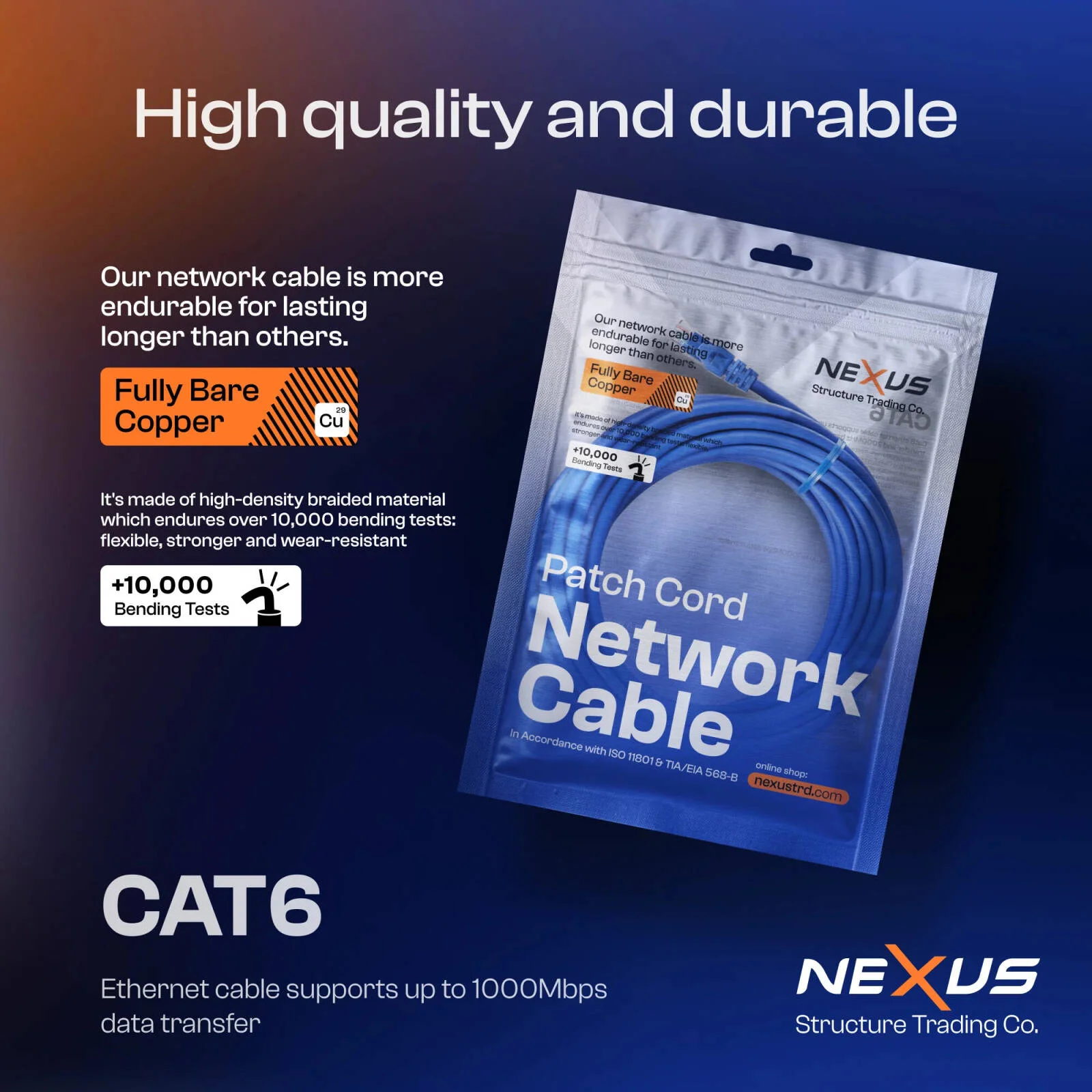 کابل شبکه CAT6-A UTP نکسوس، سرعت انتقال 10 گیگابیت بر ثانیه، سرعت و فرکانس 350 مگاهرتز، جنس رسانا مس خالص 23AWG، روکش PVC مقاوم در برابر آب و هوا، طول 5 متر، آبی | 5MCAT6AUTP