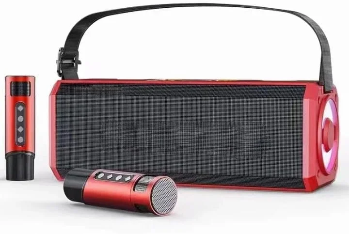 دستگاه کارائوکه خانگی REBENUO YS-228 با نور RGB، اسپیکر کارائوکه قابل حمل، سازگار با بلوتوث 5.0، قابل شارژ، پشتیبانی از درایو USB و کارت TF - قرمز/مشکی