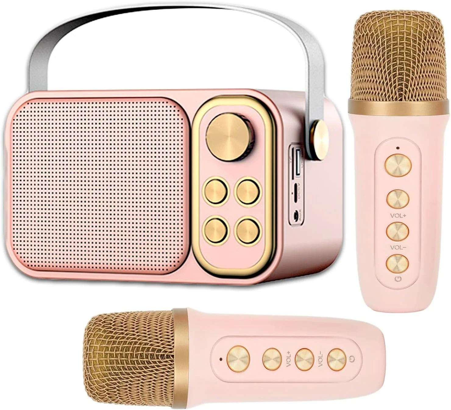 دستگاه کارائوکه کوچک QUEENADA برای کودکان و بزرگسالان - اسپیکر کارائوکه بلوتوث قابل حمل با 2 میکروفون بی سیم، ورودی USB/AUX/TF مجموعه اسپیکر رترو برای هدیه دختران و پسران (رزگلد)