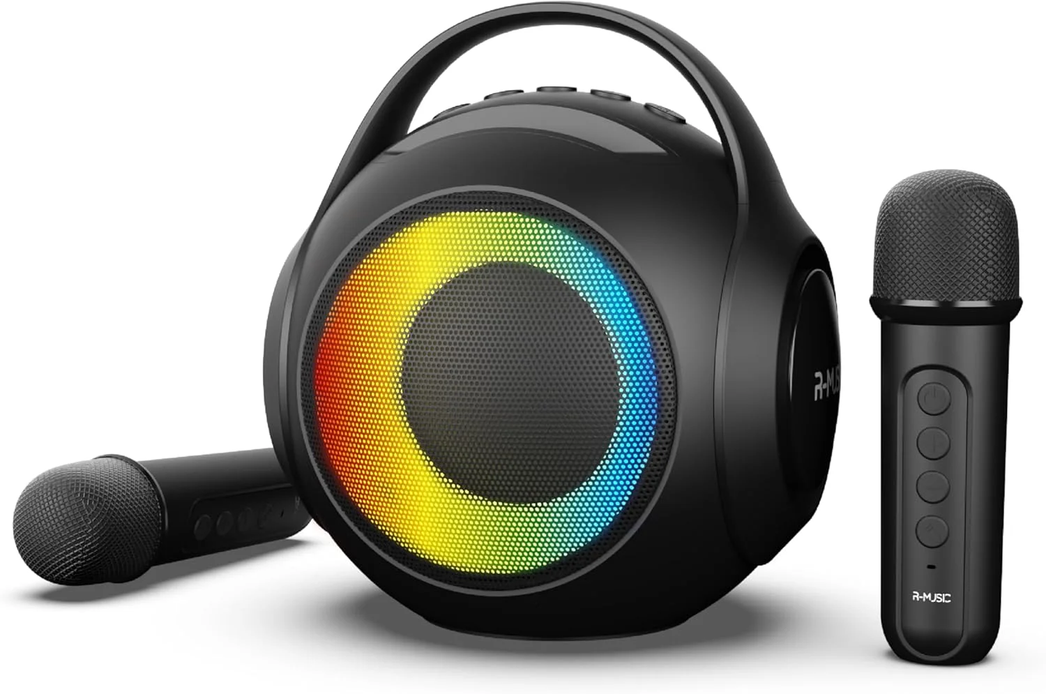 اسپیکر بی‌سیم RGB مدل R-MUSIC DuOLED به همراه 2 میکروفون کارائوکه - دارای پورت‌های AUX/Micro SD/USB، 11 حالت نورپردازی، 2 میکروفون، نگهدارنده تلفن هوشمند و تغییر صدا