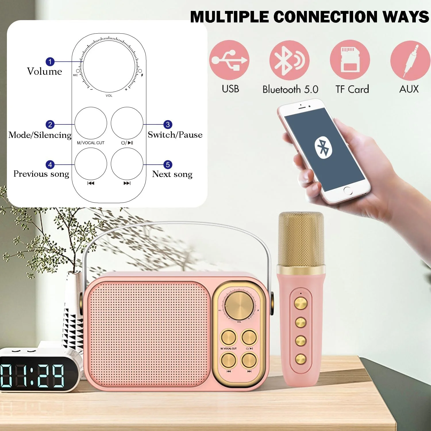 دستگاه کارائوکه کوچک QUEENADA برای کودکان و بزرگسالان - اسپیکر کارائوکه بلوتوث قابل حمل با 2 میکروفون بی سیم، ورودی USB/AUX/TF مجموعه اسپیکر رترو برای هدیه دختران و پسران (رزگلد) دستگاه کارائوکه کوچک QUEENADA برای کودکان و بزرگسالان - اسپیکر کارائوکه بلوتوث قابل حمل با 2 میکروفون بی سیم، ورودی USB/AUX/TF مجموعه اسپیکر رترو برای هدیه دختران و پسران (رزگلد)