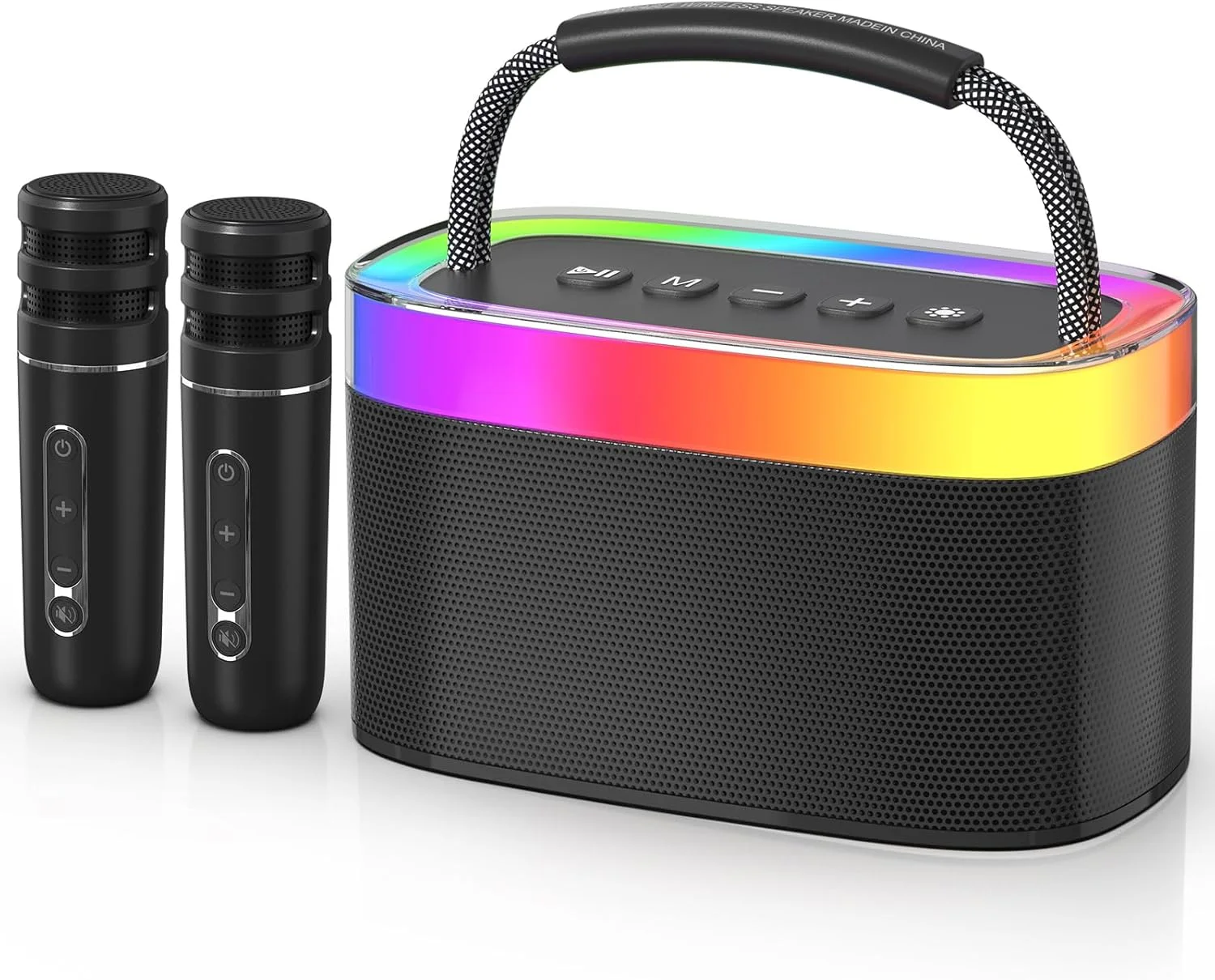 دستگاه کارائوکه با 2 میکروفون بی‌سیم، اسپیکر بلوتوث با تنظیم بیس/تریبل، چراغ‌های ال‌ای‌دی RGB، دستگاه کارائوکه قابل حمل برای بزرگسالان و کودکان، پشتیبانی از کارت TF، ورودی AUX (مشکی)