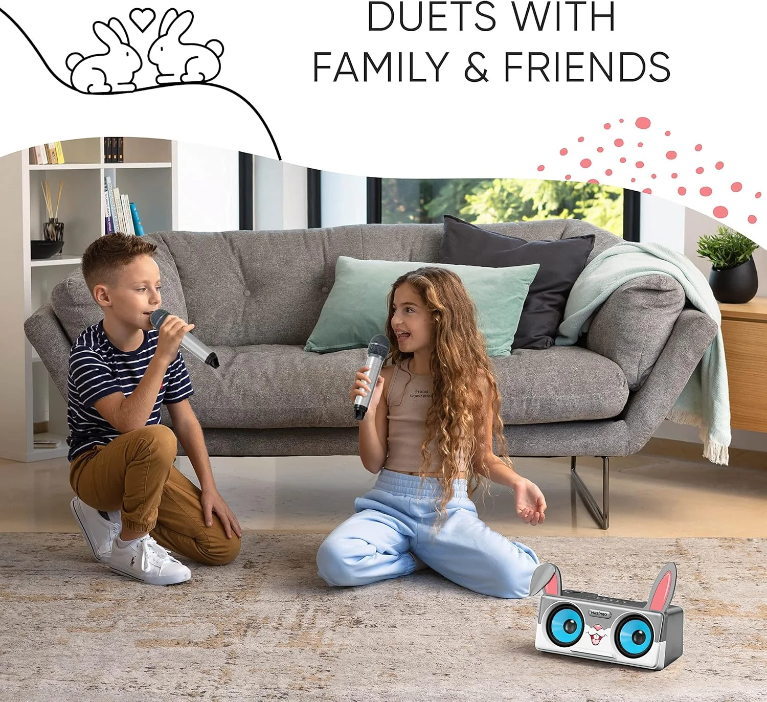 دستگاه کارائوکه خرگوشی برای کودکان، خردسالان و نوپایان با 2 میکروفون بلوتوثی بی سیم، سیستم بلندگوی PA قابل حمل شامل نگهدارنده تلفن نمایشگر اشعار، کابل تلویزیون و حالت حذف صدای خواننده دستگاه کارائوکه خرگوشی برای کودکان، خردسالان و نوپایان با 2 میکروفون بلوتوثی بی سیم، سیستم بلندگوی PA قابل حمل شامل نگهدارنده تلفن نمایشگر اشعار، کابل تلویزیون و حالت حذف صدای خواننده