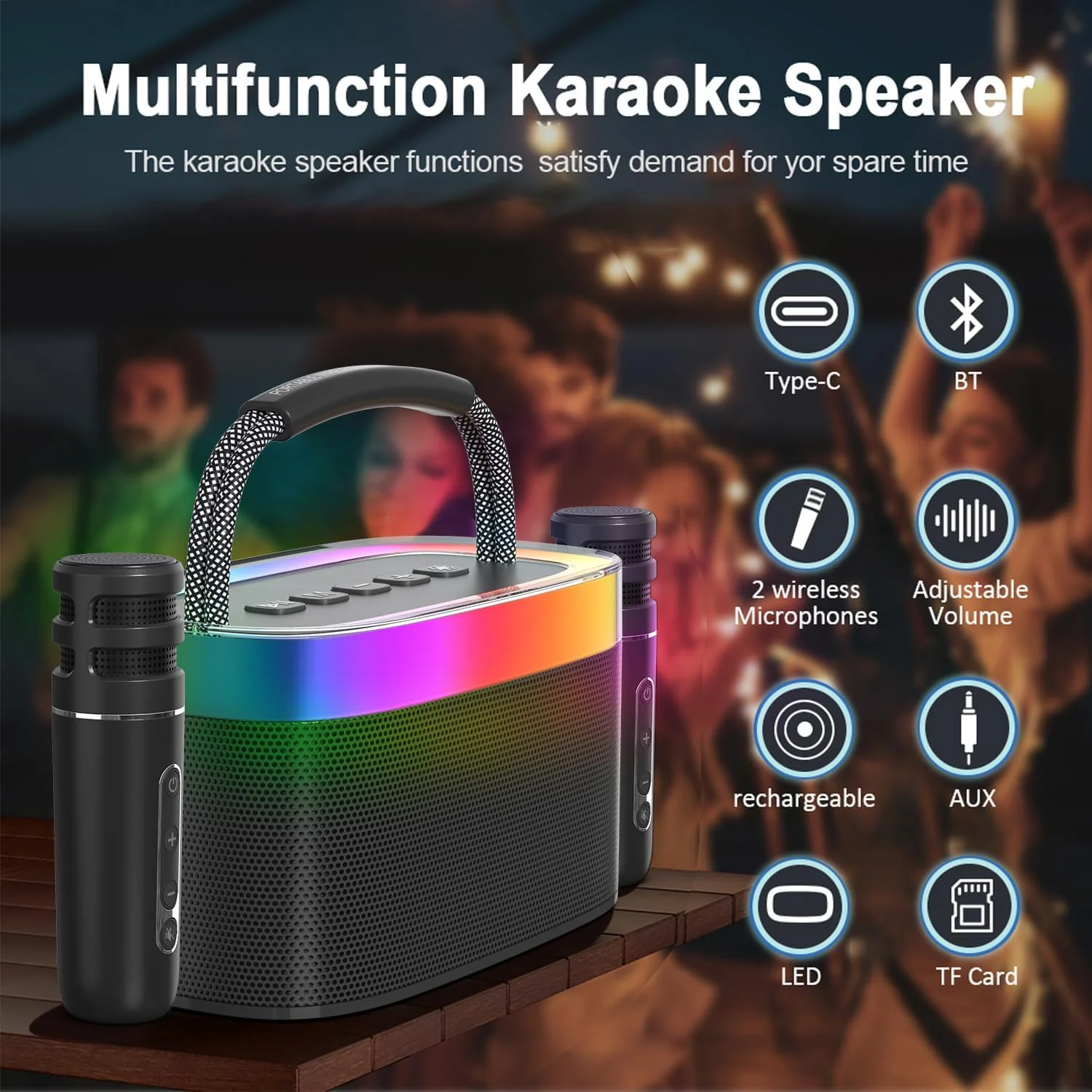 دستگاه کارائوکه با 2 میکروفون بیسیم، اسپیکر بلوتوث با تنظیم بیس/تریبل، چراغهای الایدی RGB، دستگاه کارائوکه قابل حمل برای بزرگسالان و کودکان، پشتیبانی از کارت TF، ورودی AUX (مشکی) دستگاه کارائوکه با 2 میکروفون بیسیم، اسپیکر بلوتوث با تنظیم بیس/تریبل، چراغهای الایدی RGB، دستگاه کارائوکه قابل حمل برای بزرگسالان و کودکان، پشتیبانی از کارت TF، ورودی AUX (مشکی)