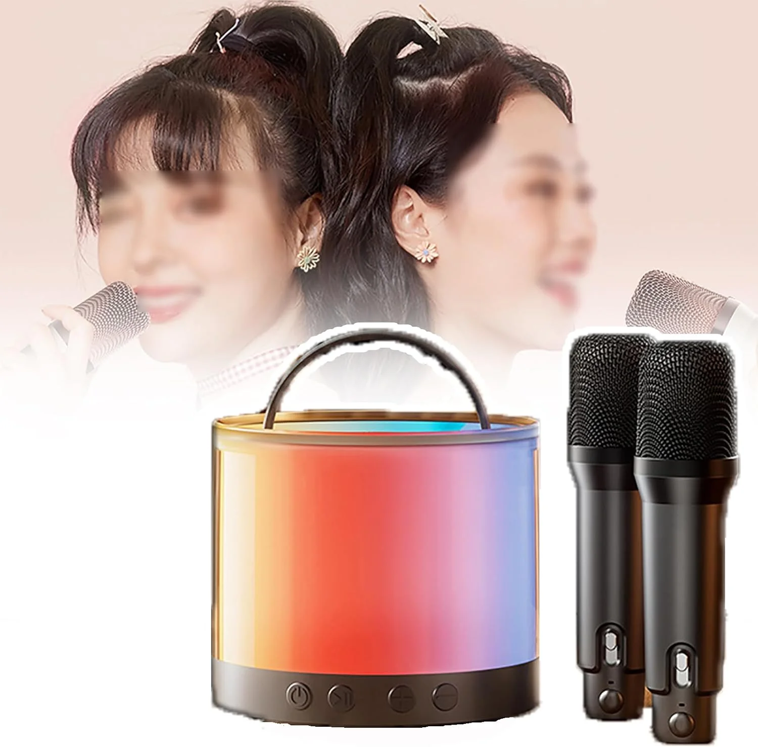 اسپیکر کارائوکه قابل حمل، صدای فراگیر در سطح KTV، چهار حالت تغییر صدا، نورهای جذاب، 12 ساعت عمر باتری، تراشه AR پیشرفته، کاهش نویز دوگانه DSP، مشکی