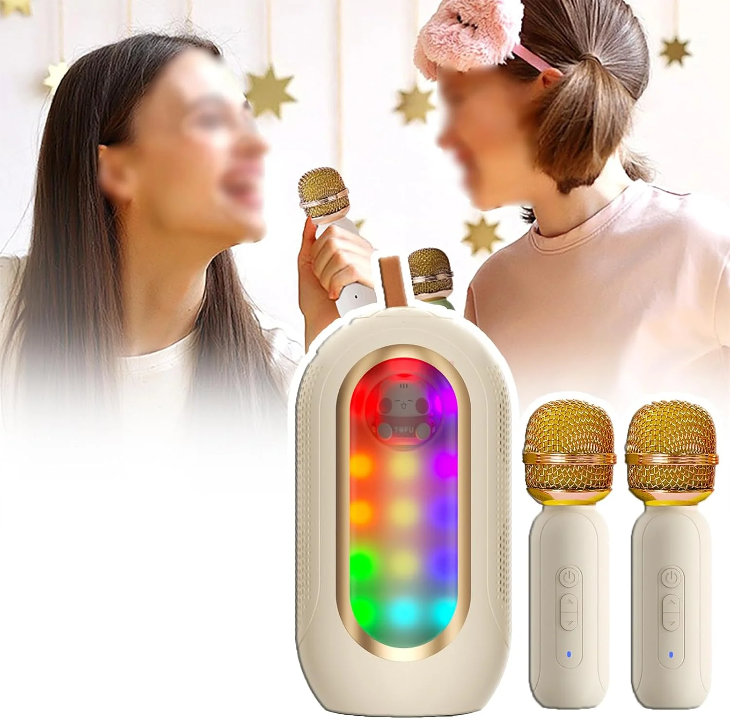 اسپیکر میکروفون رنگارنگ، دستیار صوتی برای کارائوکه، چراغ خواب شبانه LED، استریو چهار واحدی، 5 حالت صدا، حذف صدای اصلی با یک کلیک، سفید