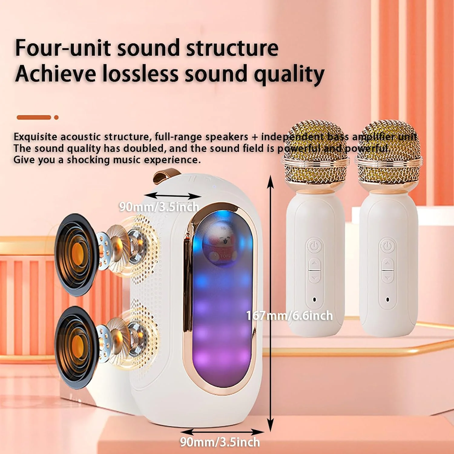 اسپیکر میکروفون رنگارنگ، دستیار صوتی برای کارائوکه، چراغ خواب شبانه LED، استریو چهار واحدی، 5 حالت صدا، حذف صدای اصلی با یک کلیک، سفید اسپیکر میکروفون رنگارنگ، دستیار صوتی برای کارائوکه، چراغ خواب شبانه LED، استریو چهار واحدی، 5 حالت صدا، حذف صدای اصلی با یک کلیک، سفید